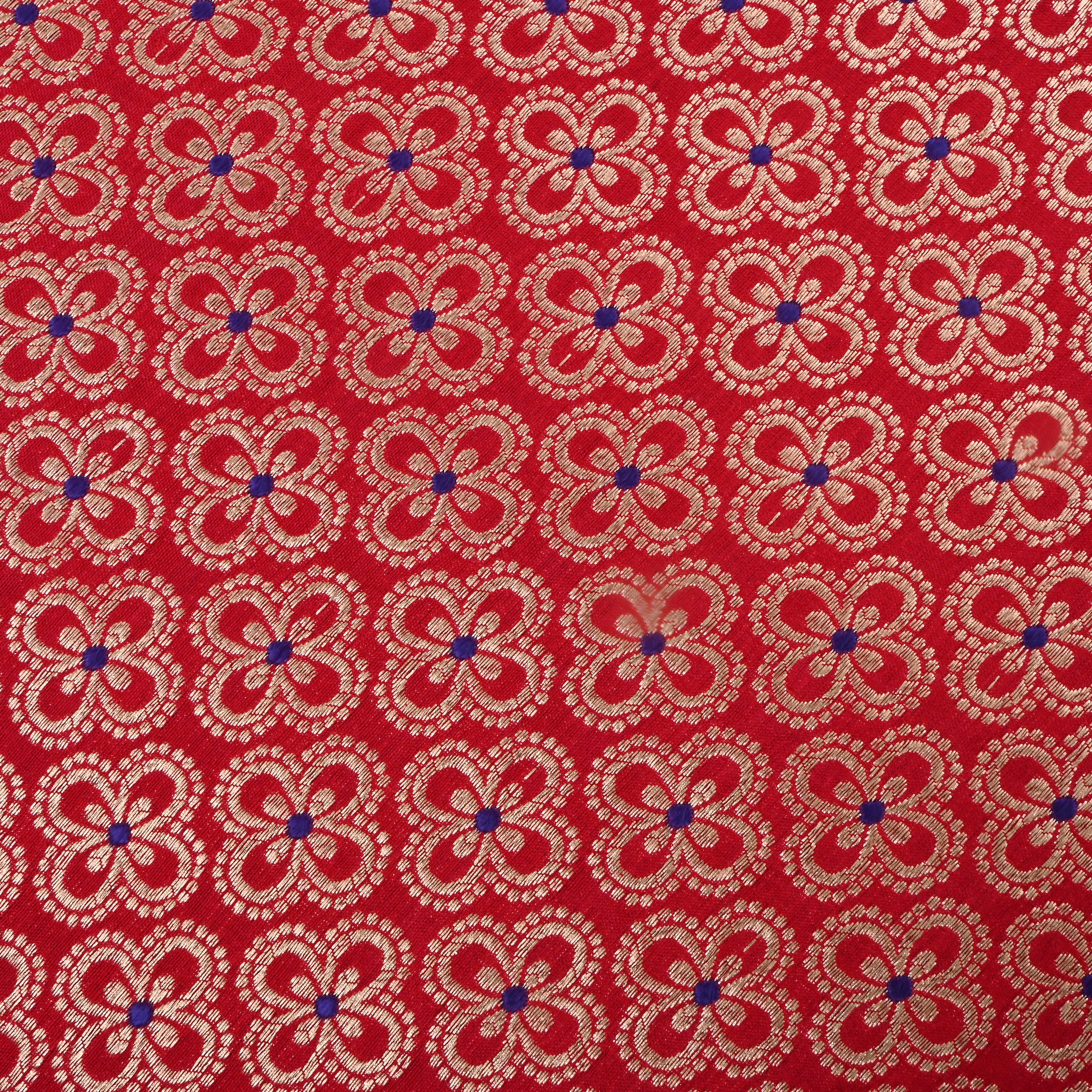 Cornell Red Jamawar Silk Fabric With Floral Patterns
