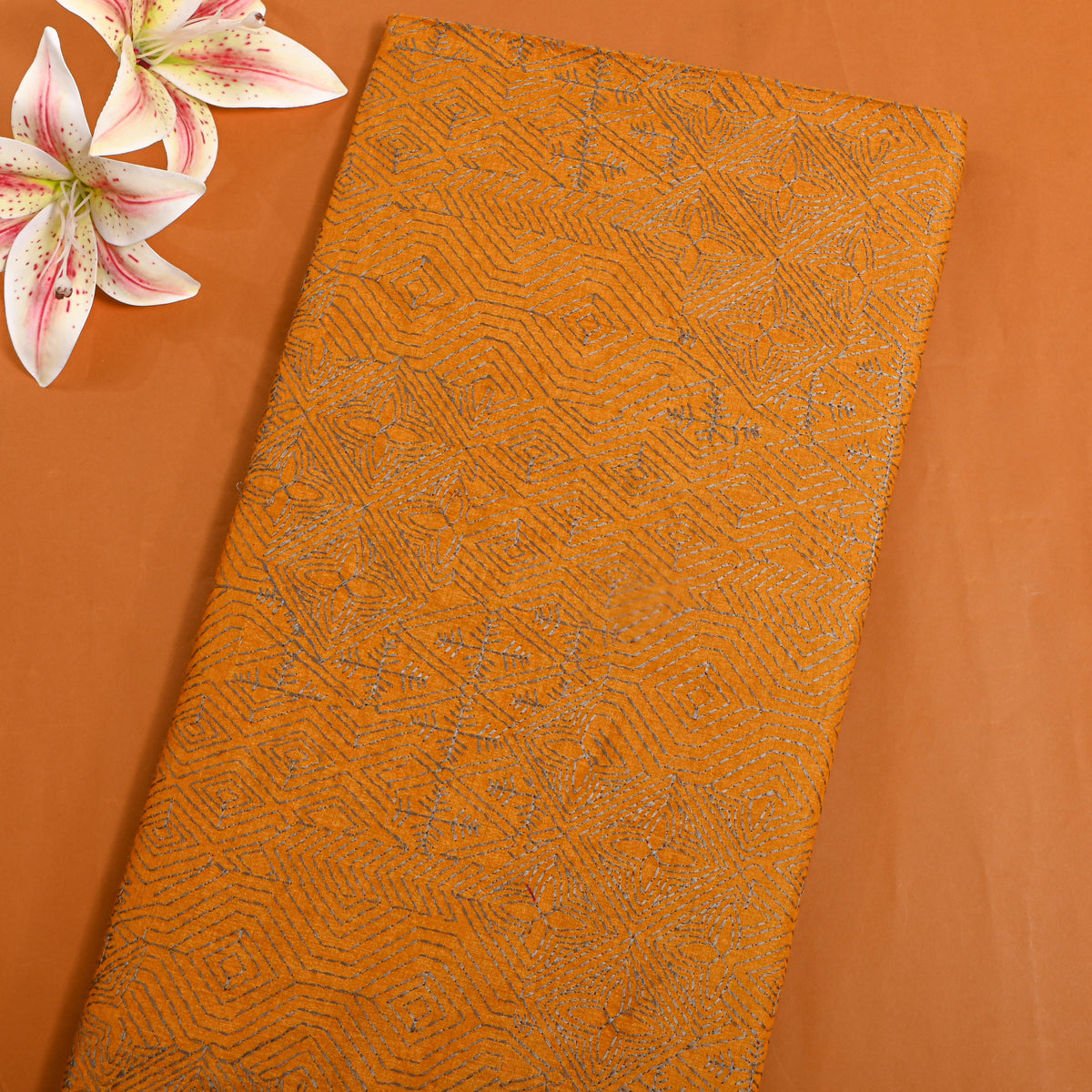 Orange Geometric Thread Work Embroidery Tussar Fabric