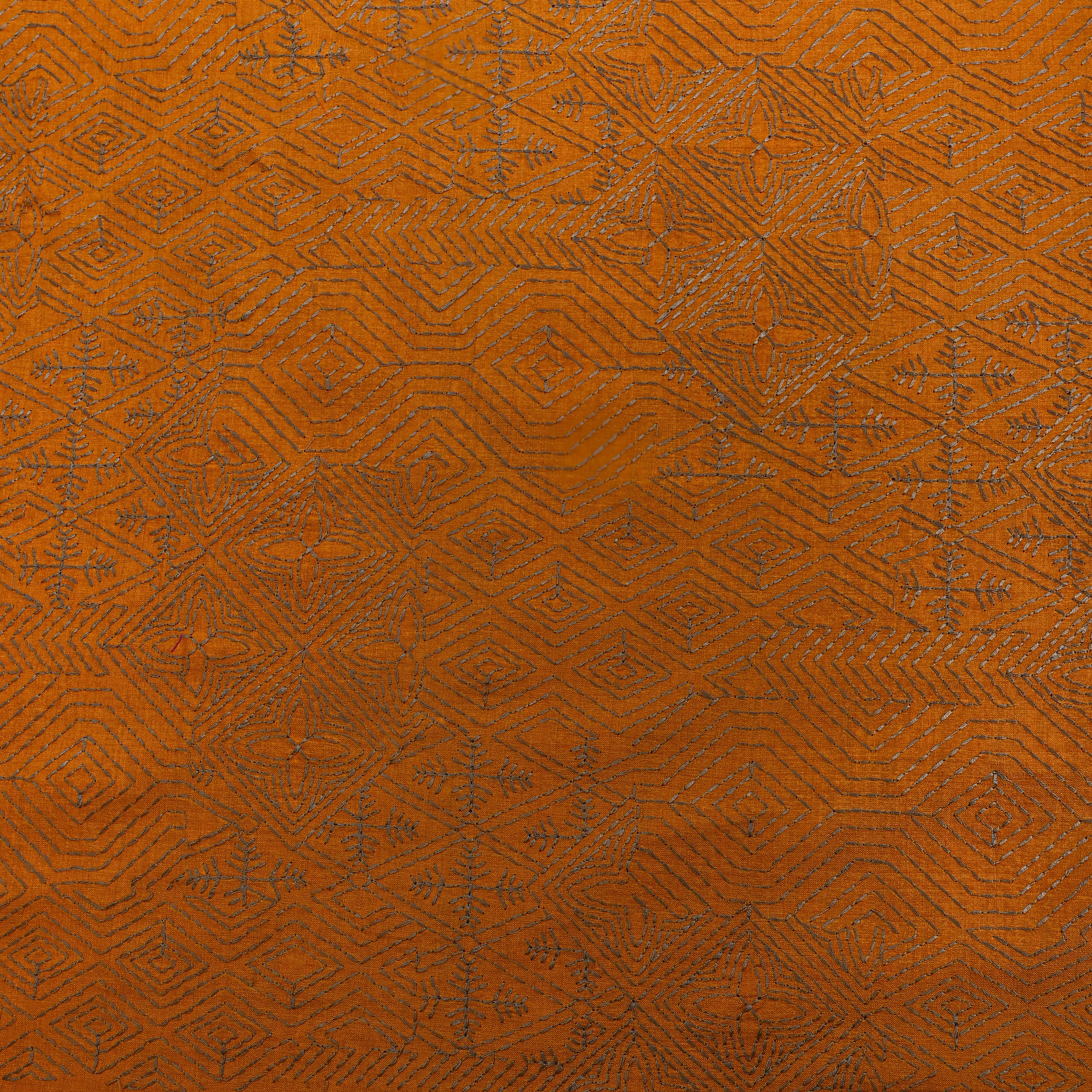 Orange Geometric Thread Work Embroidery Tussar Fabric