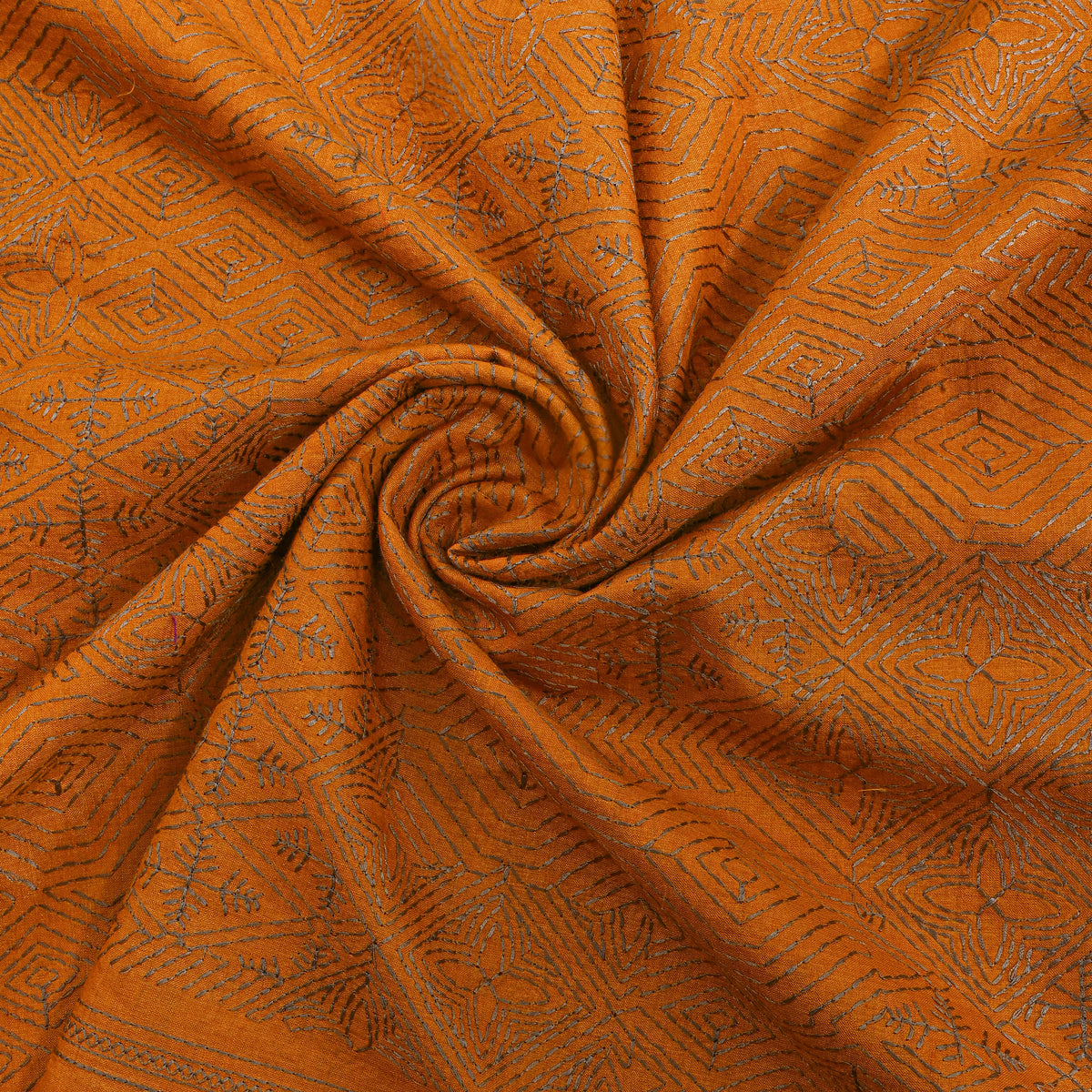 Orange Geometric Thread Work Embroidery Tussar Fabric