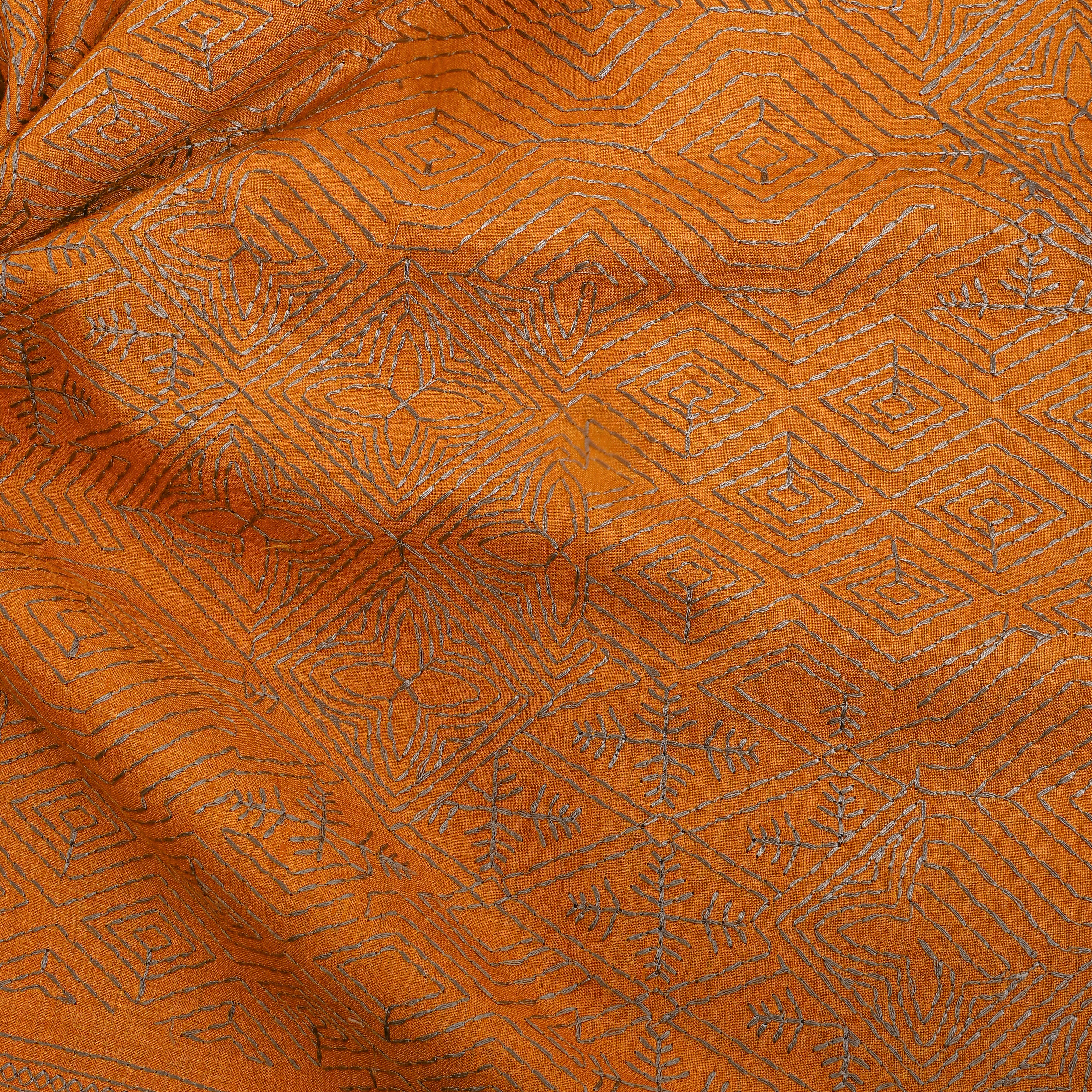 Orange Geometric Thread Work Embroidery Tussar Fabric