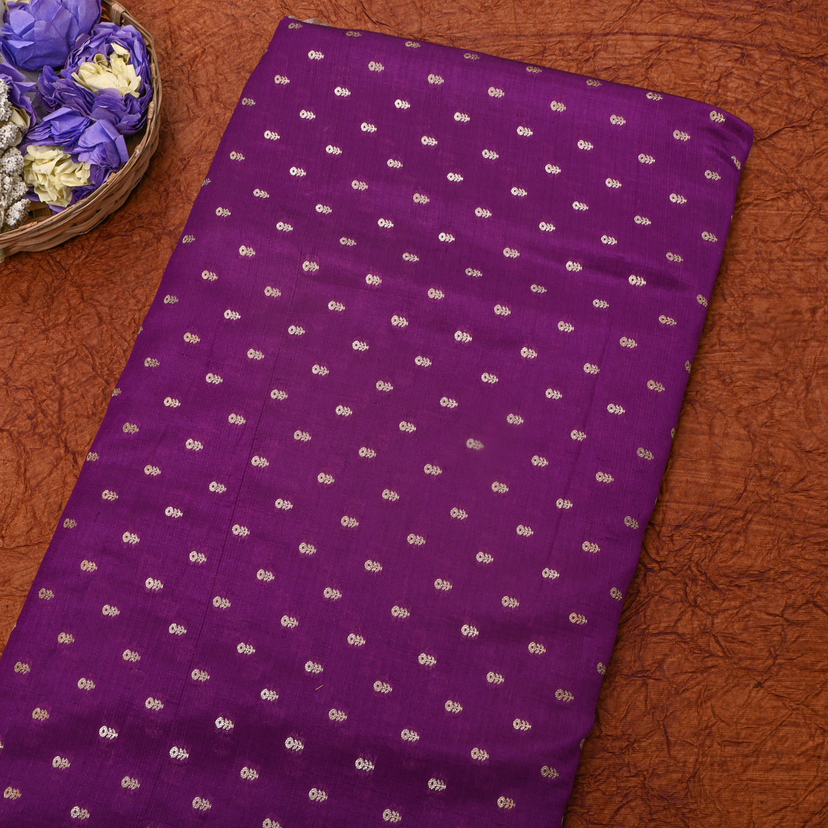 Grape Purple Gold Zari Floral Butti Banarasi Silk Fabric