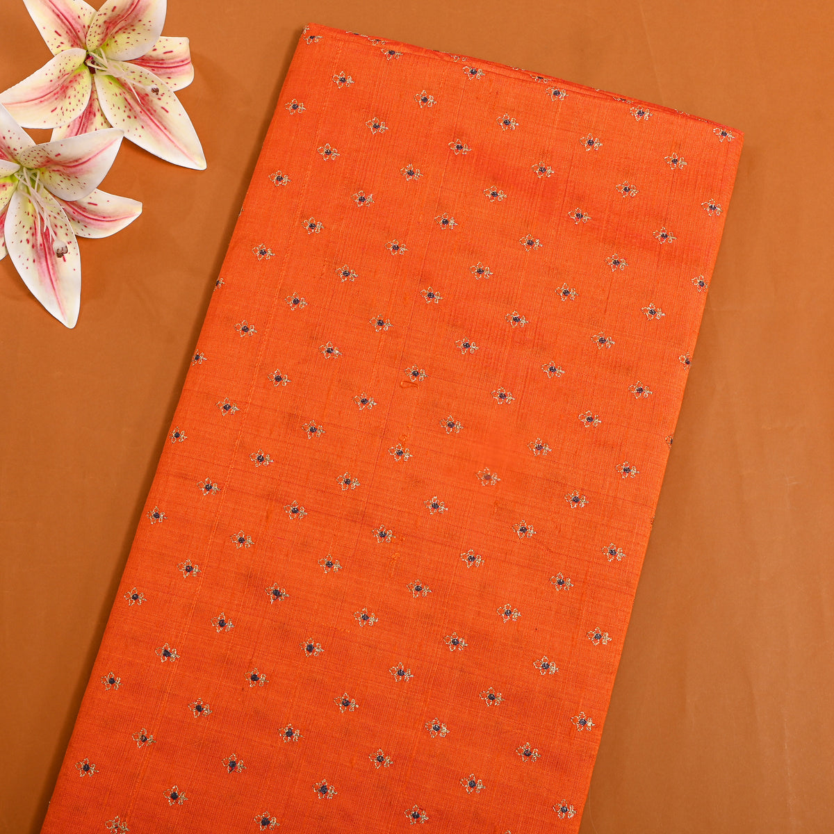 Orange With Gold Zari Buttis Embroidery Raw Silk Fabric