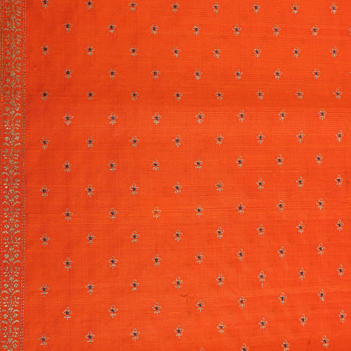 Orange With Gold Zari Buttis Embroidery Raw Silk Fabric