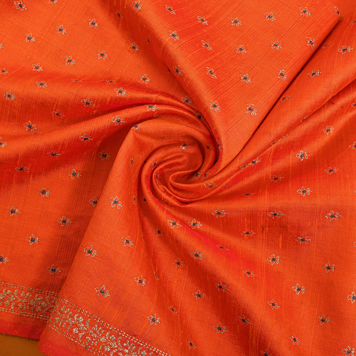 Orange With Gold Zari Buttis Embroidery Raw Silk Fabric