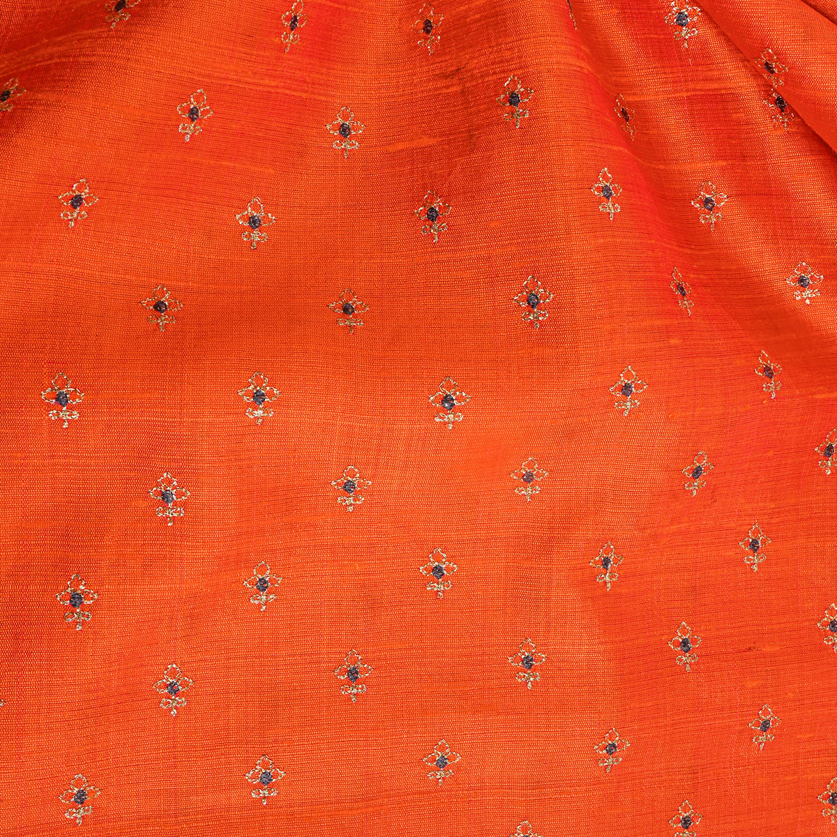 Orange With Gold Zari Buttis Embroidery Raw Silk Fabric
