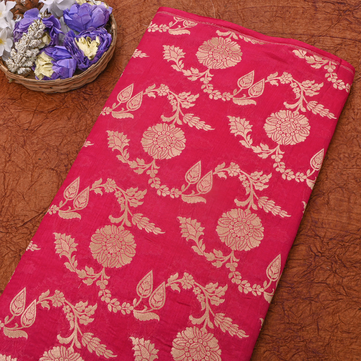 Red Silver Zari Floral Motif Banarasi Silk Fabric