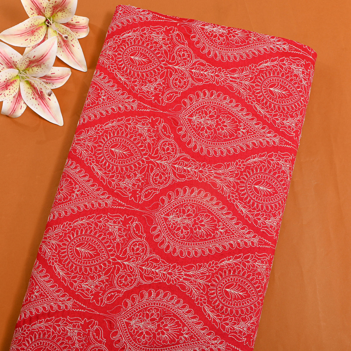 Orange Geometric Thread Work Munga Tussar Fabric
