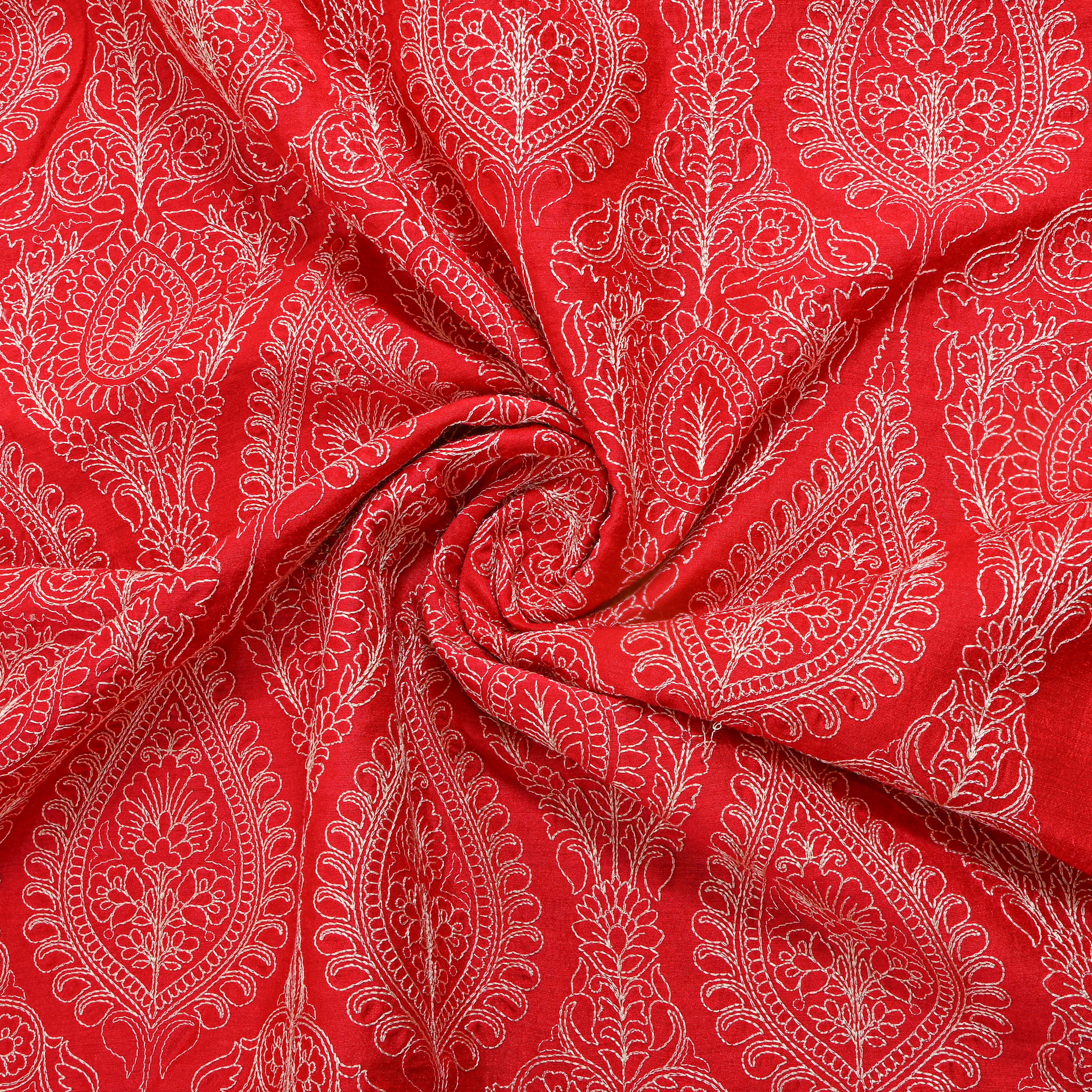 Orange Geometric Thread Work Munga Tussar Fabric