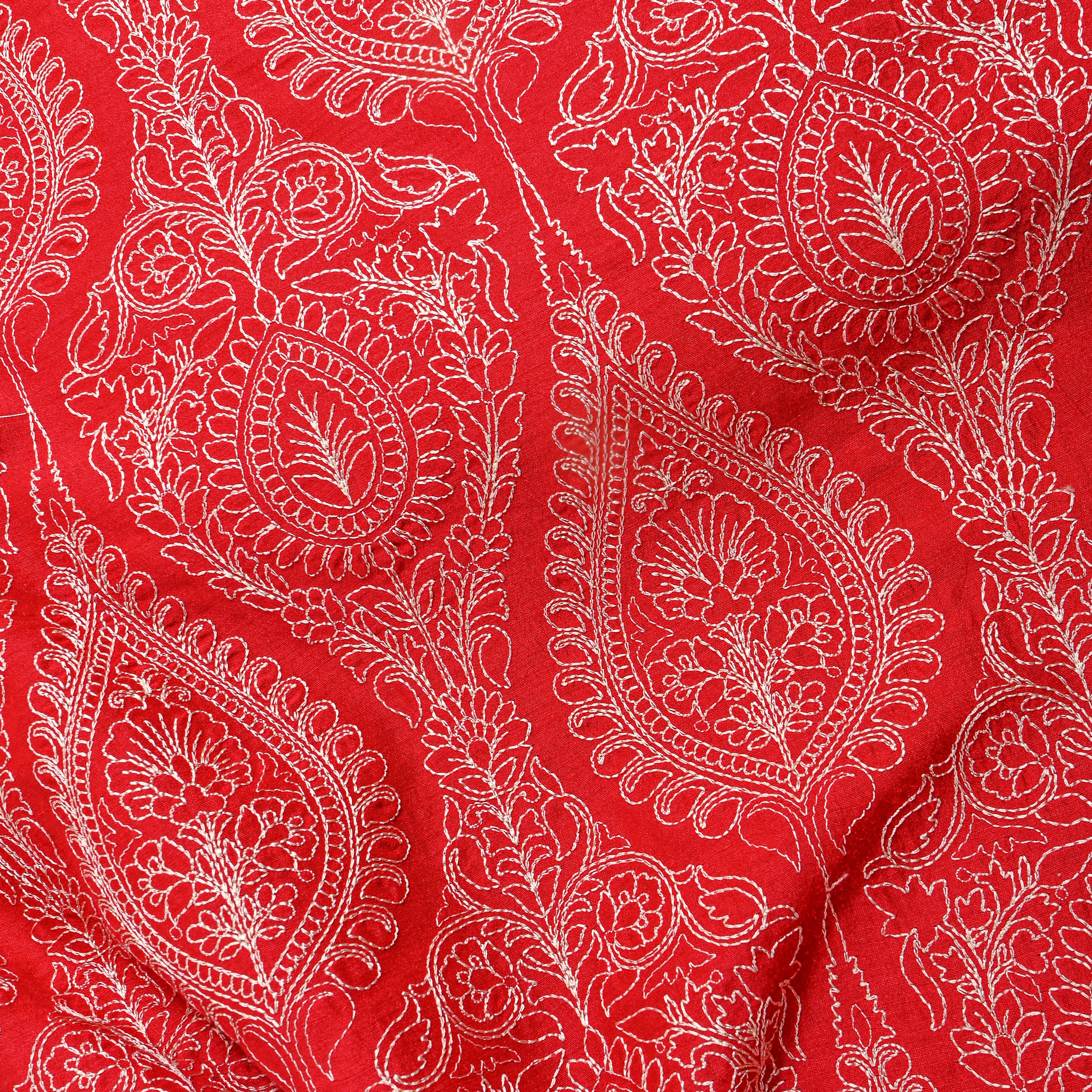 Orange Geometric Thread Work Munga Tussar Fabric