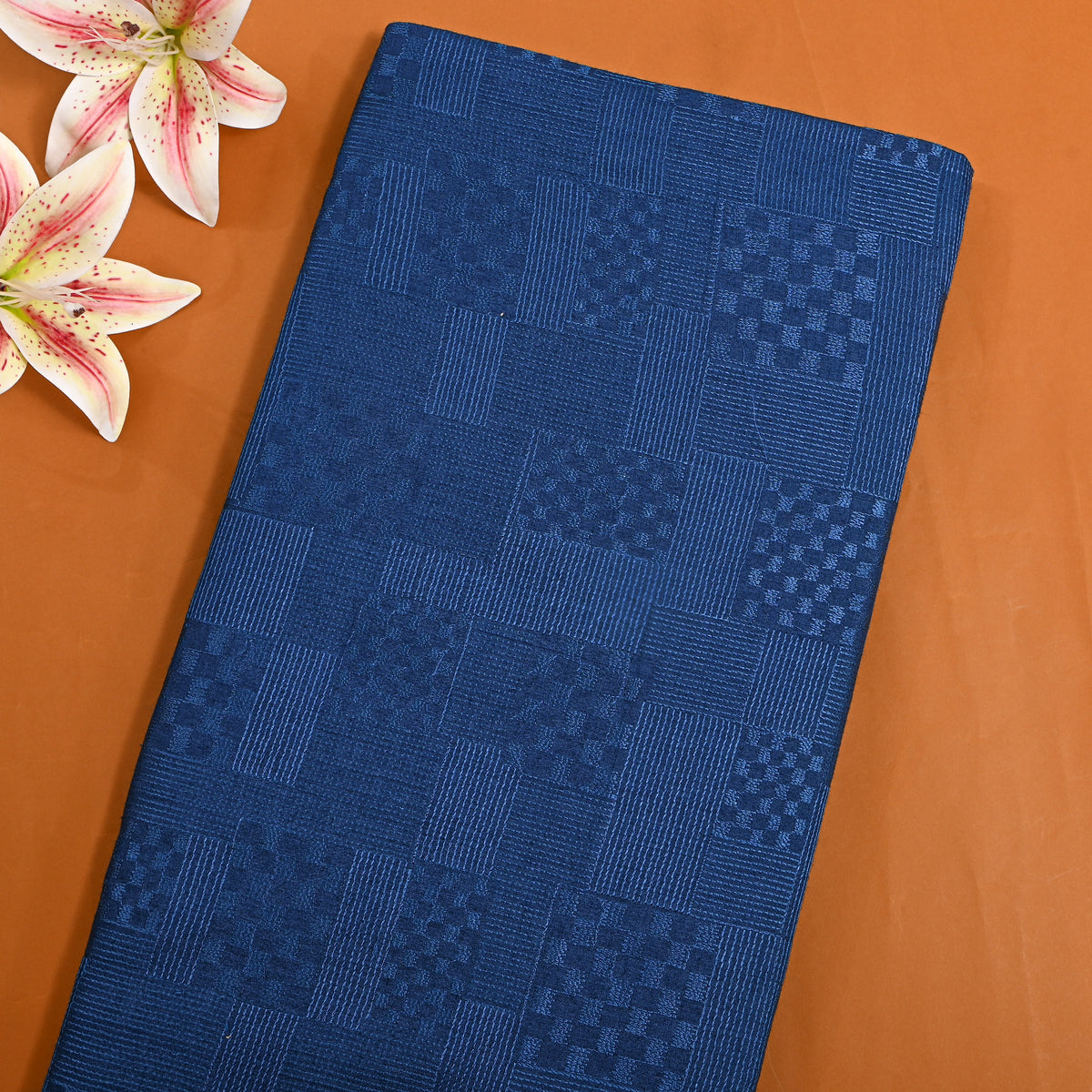 Blue Geometric Checked Thread Work Munga Tussar Fabric