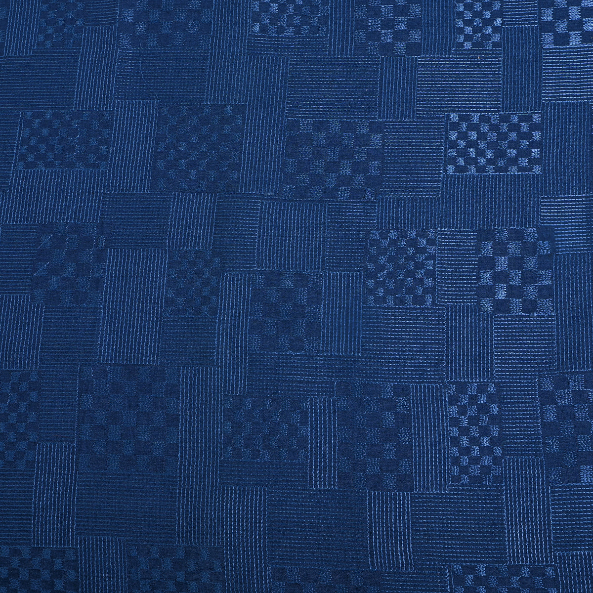 Blue Geometric Checked Thread Work Munga Tussar Fabric
