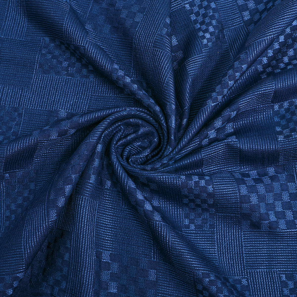 Blue Geometric Checked Thread Work Munga Tussar Fabric