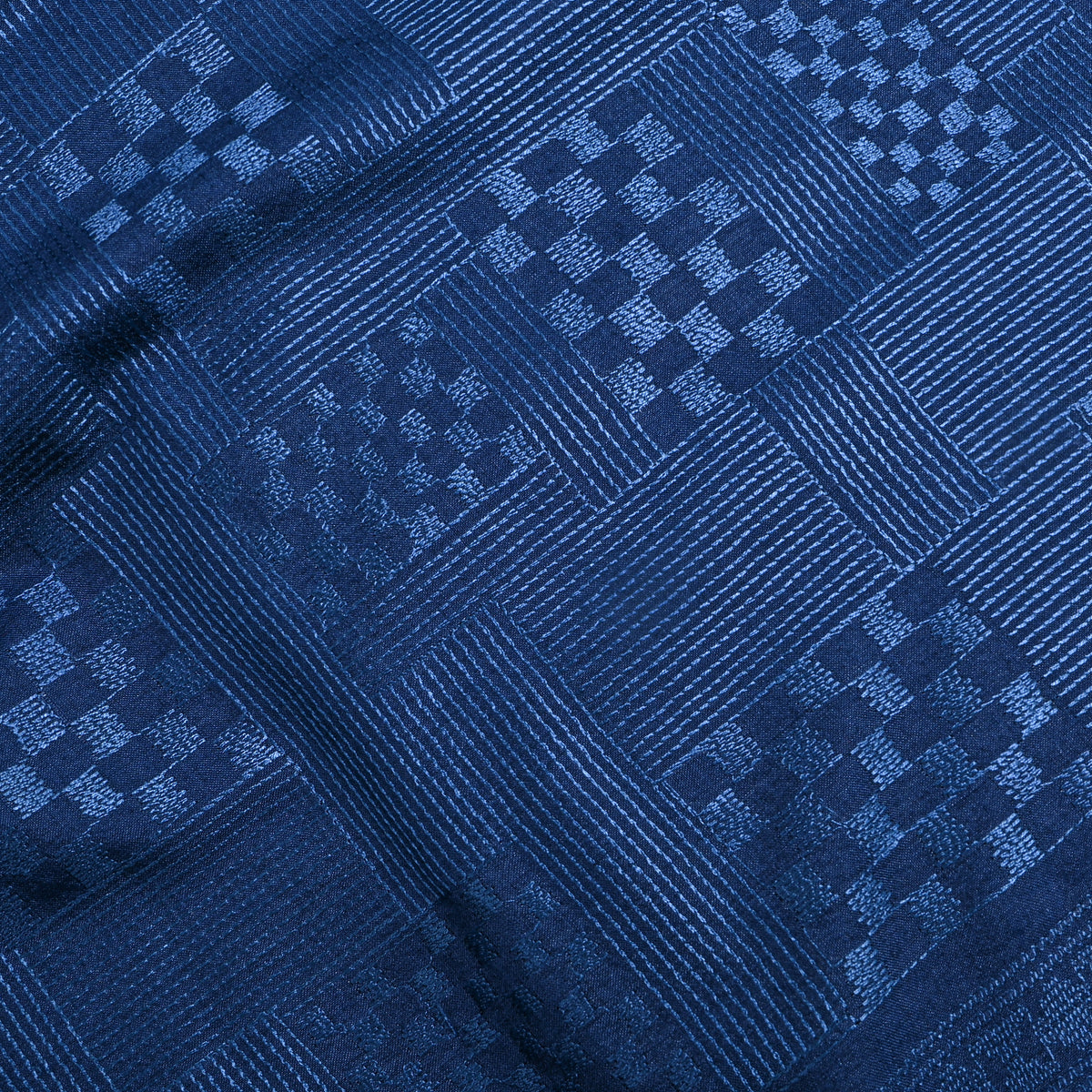 Blue Geometric Checked Thread Work Munga Tussar Fabric