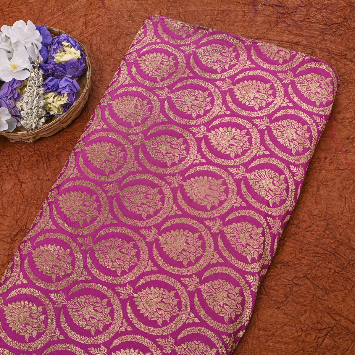 Fuchsia Pink Jamawar Silk With Gold Motif Butti