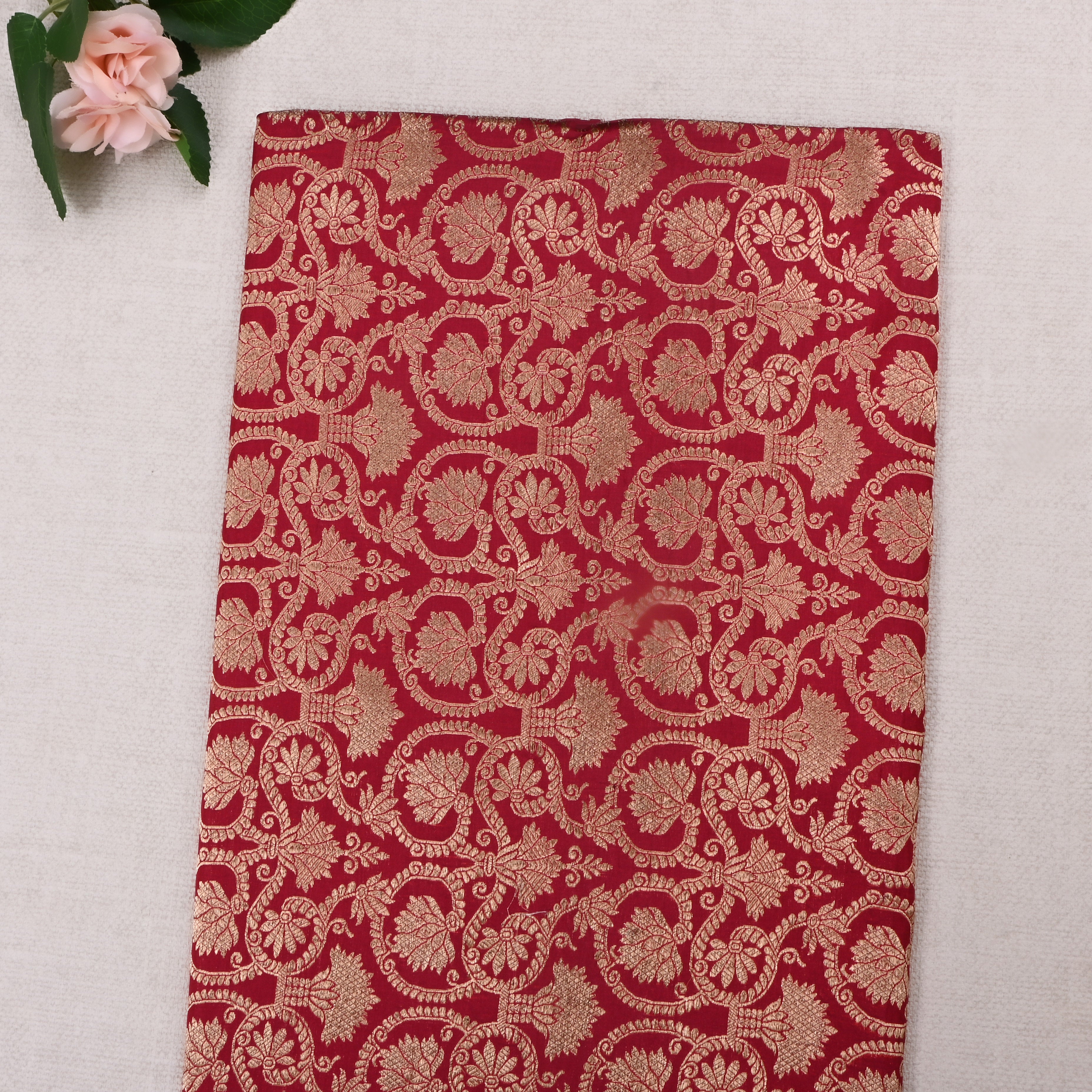 Red Jamawar Silk Fabric With Woven Jaal