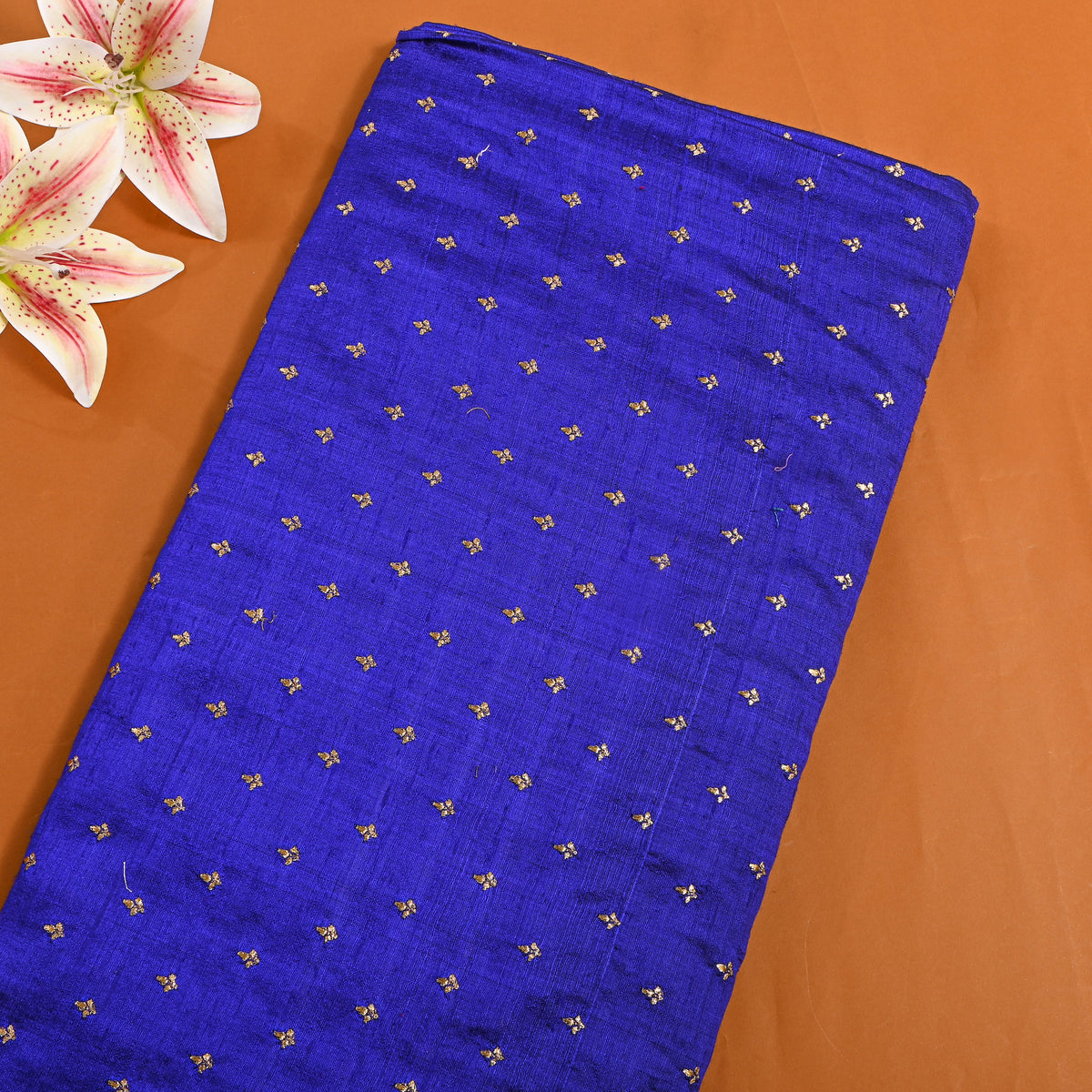 Blue With Gold Zari Buttis Embroidery Raw Silk Fabric