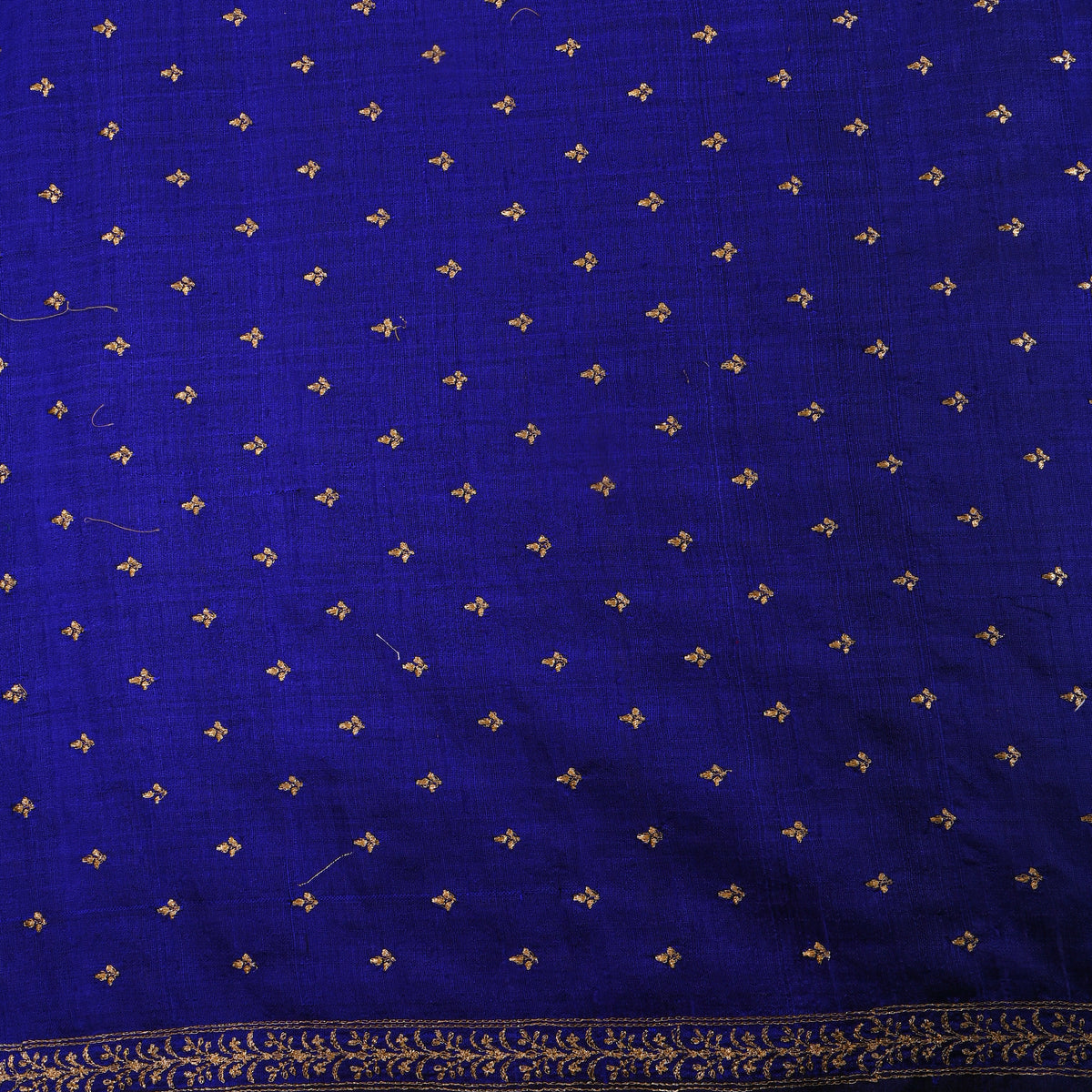 Blue With Gold Zari Buttis Embroidery Raw Silk Fabric
