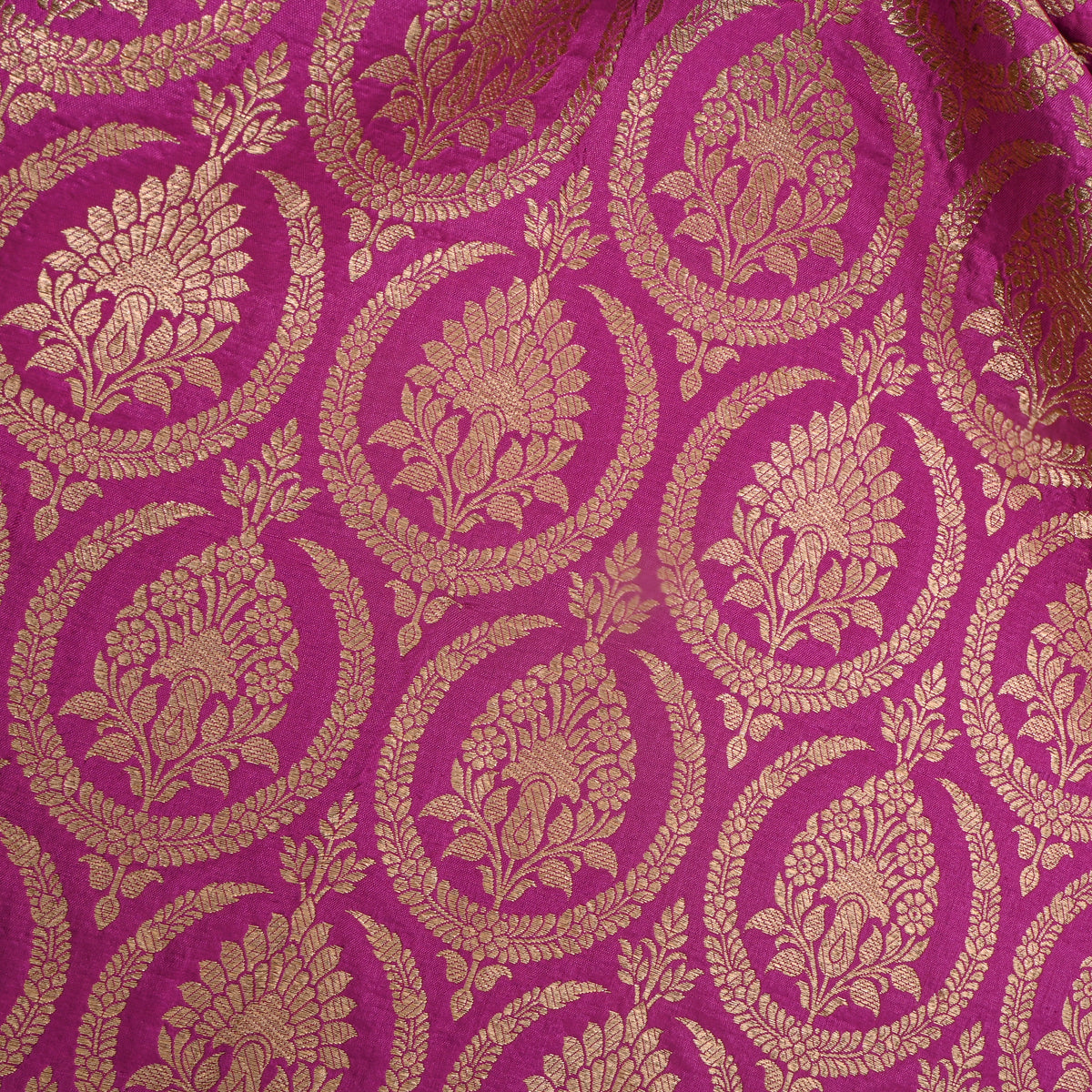 Fuchsia Pink Jamawar Silk With Gold Motif Butti