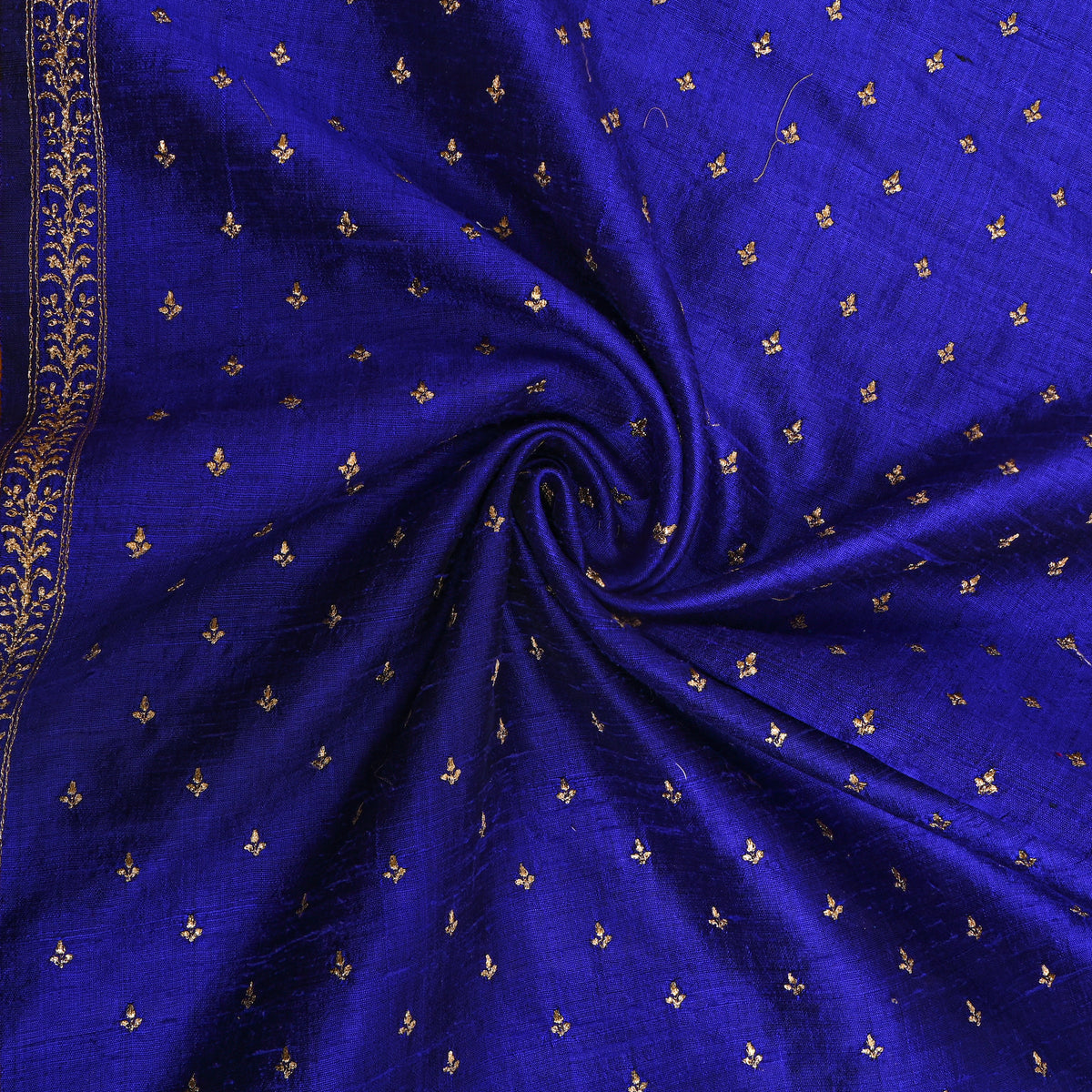 Blue With Gold Zari Buttis Embroidery Raw Silk Fabric