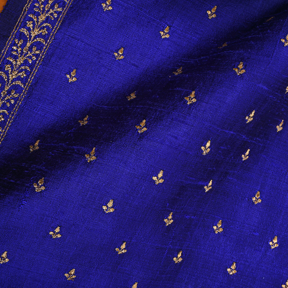 Blue With Gold Zari Buttis Embroidery Raw Silk Fabric