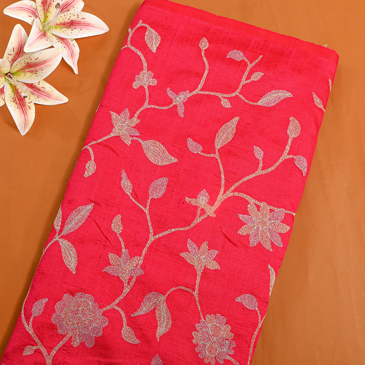 Bright Red Raw Silk With Silver Zari Jaal