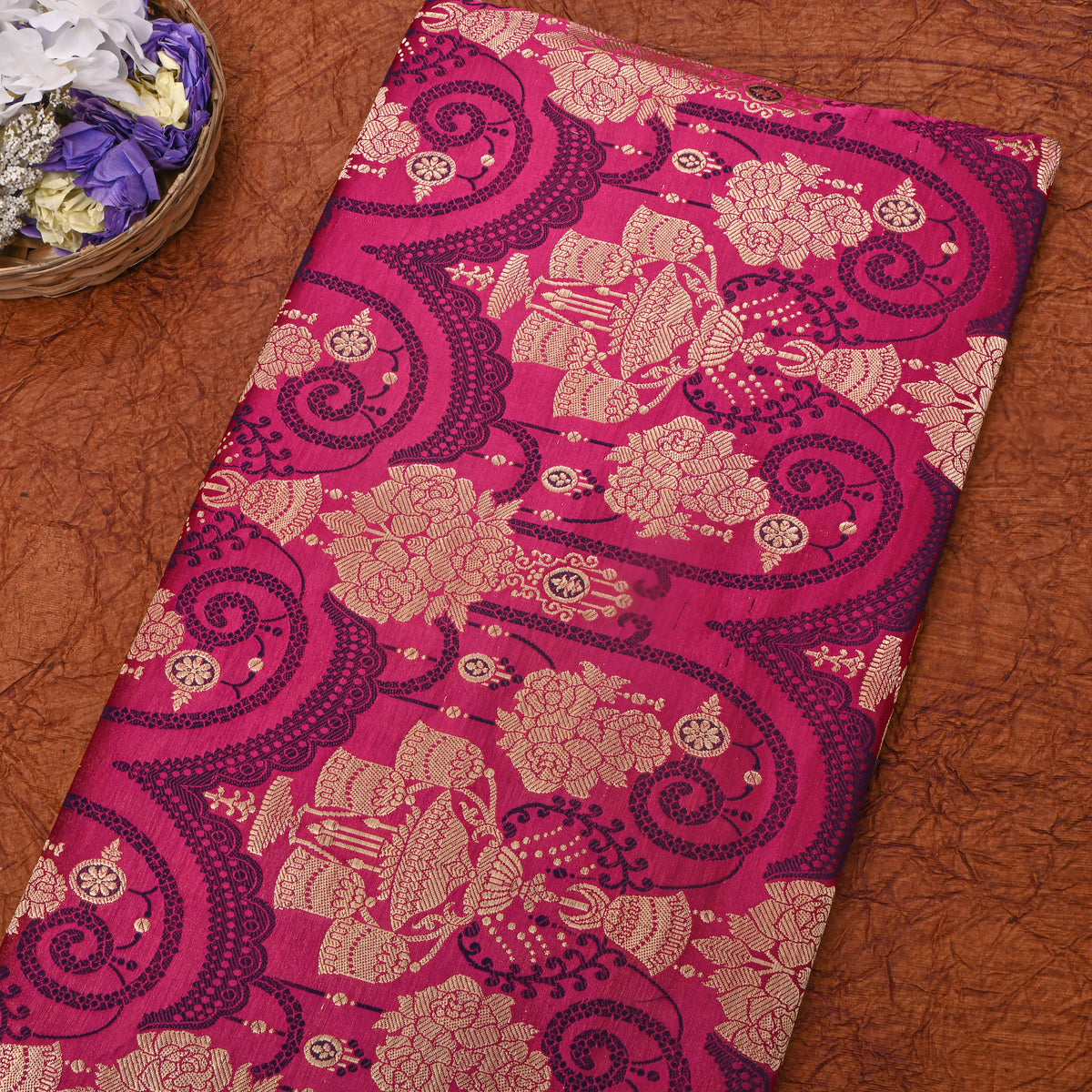 A Bright Magenta Self Weave Jamawar Silk Fabric