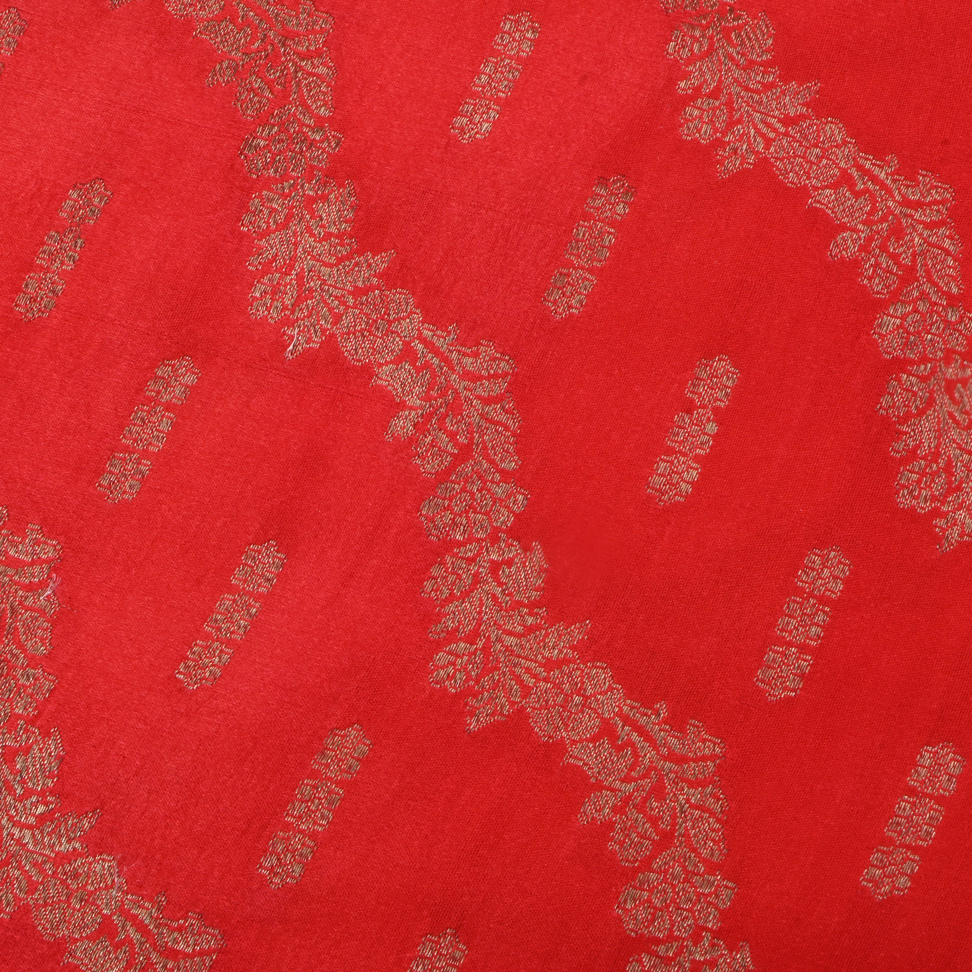 Fire Engine Red Jamawar Silk Fabric With Wave Pattern