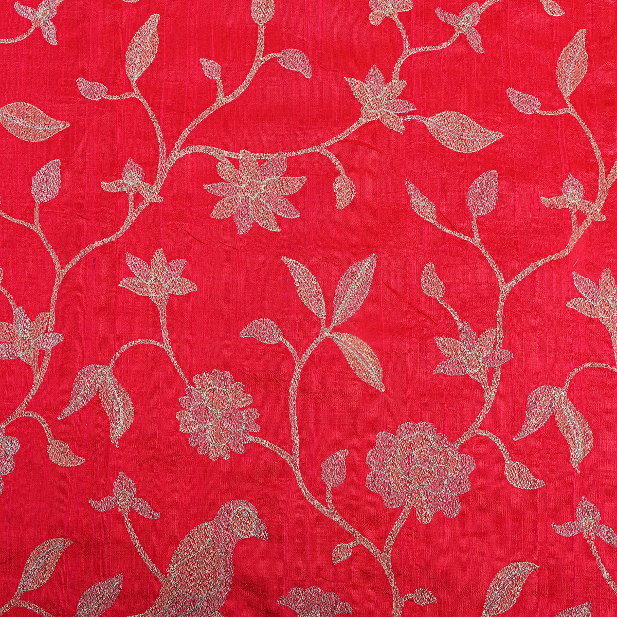 Bright Red Raw Silk With Silver Zari Jaal
