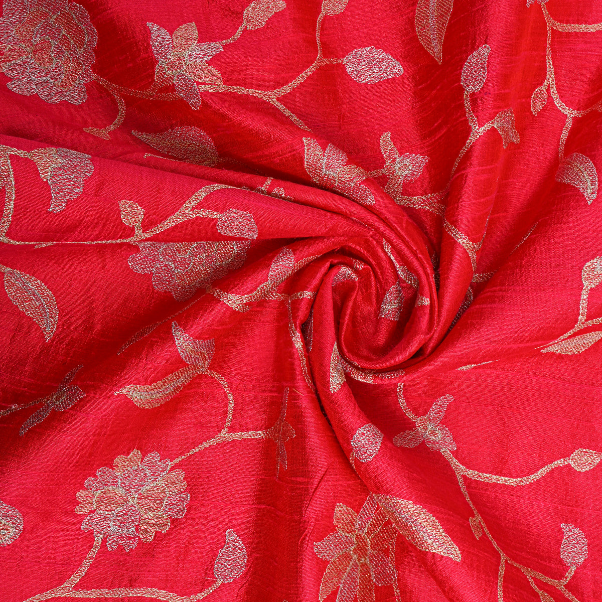 Bright Red Raw Silk With Silver Zari Jaal
