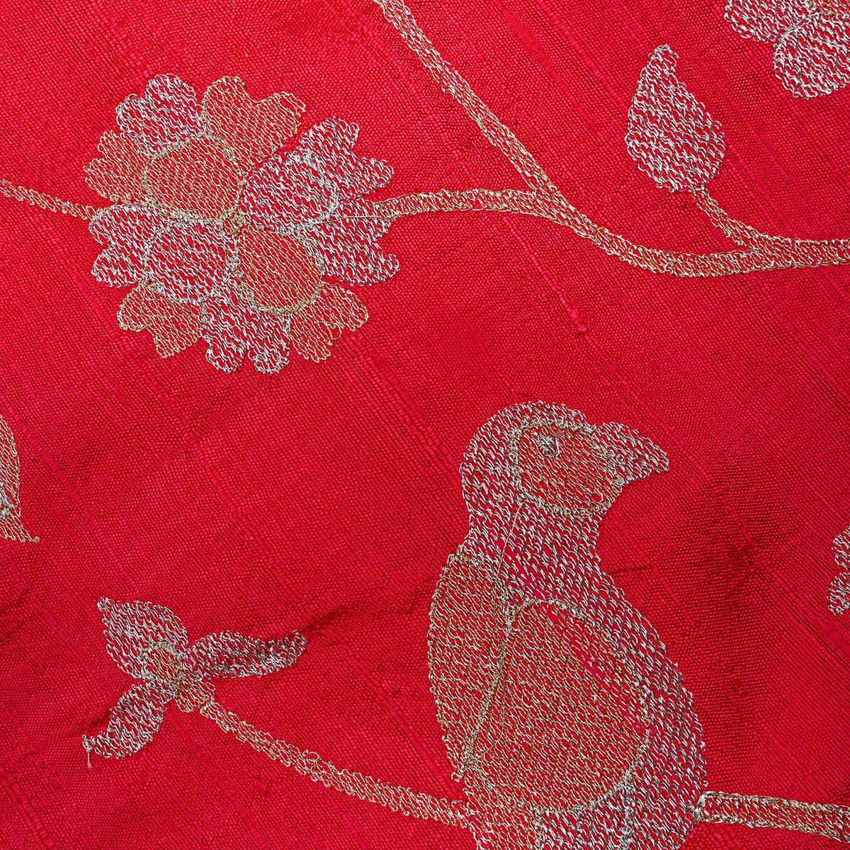Bright Red Raw Silk With Silver Zari Jaal