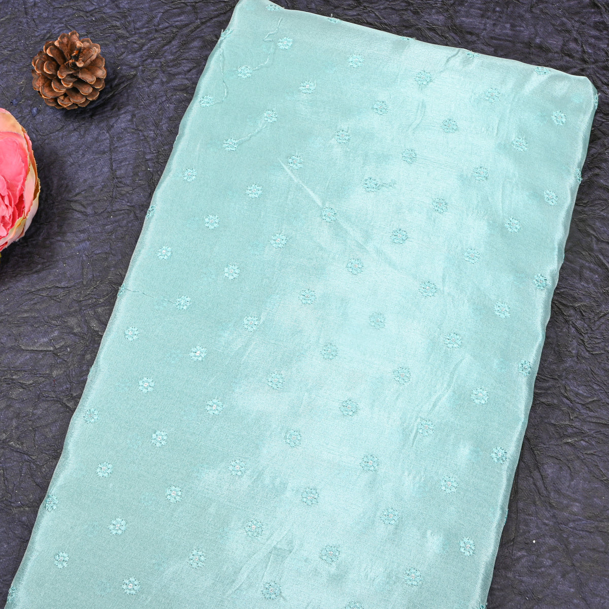 Mint Floral Butti Thread Work Embroidery Tissue Fabric