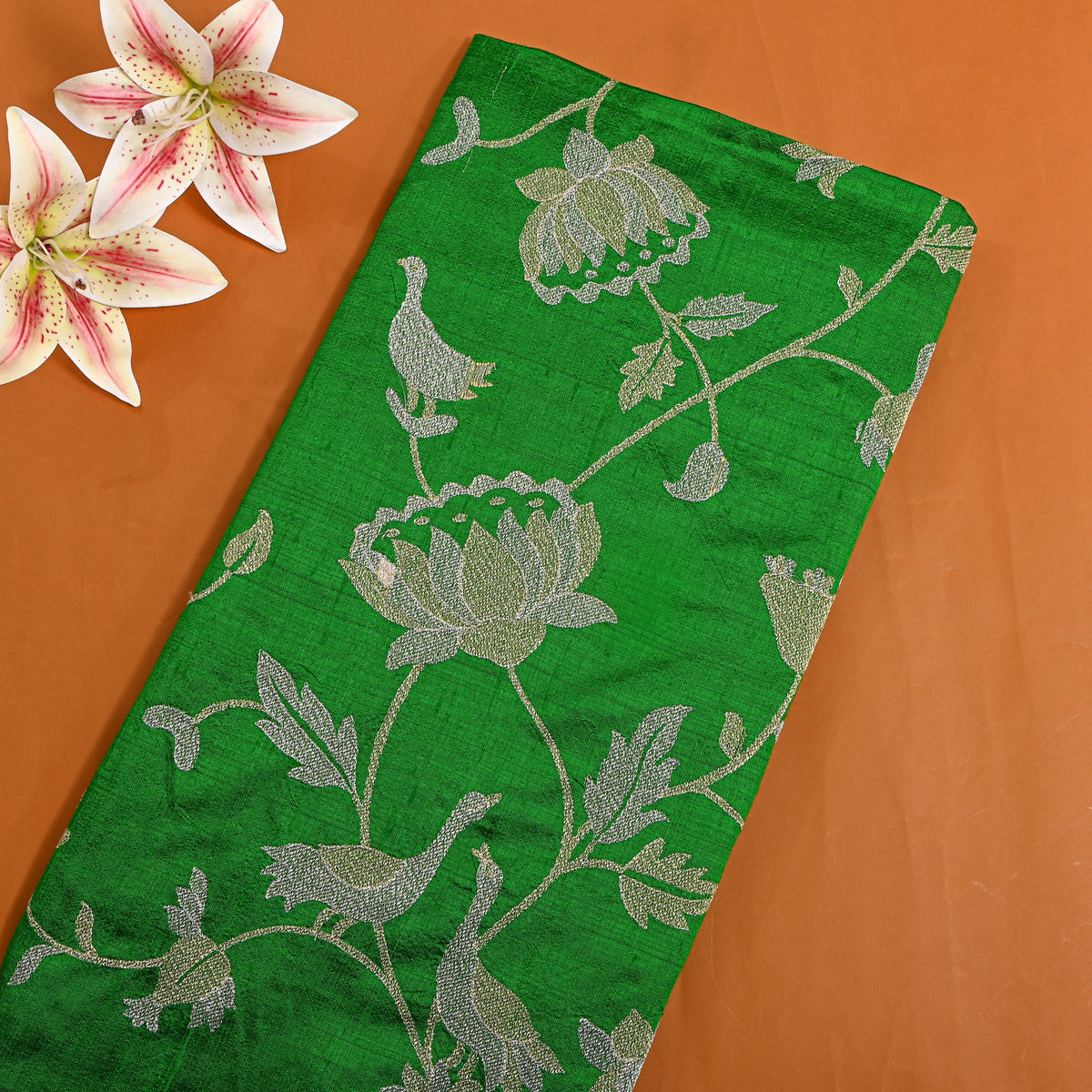Bright Green Raw Silk With Dual-Tone Floral Jaal