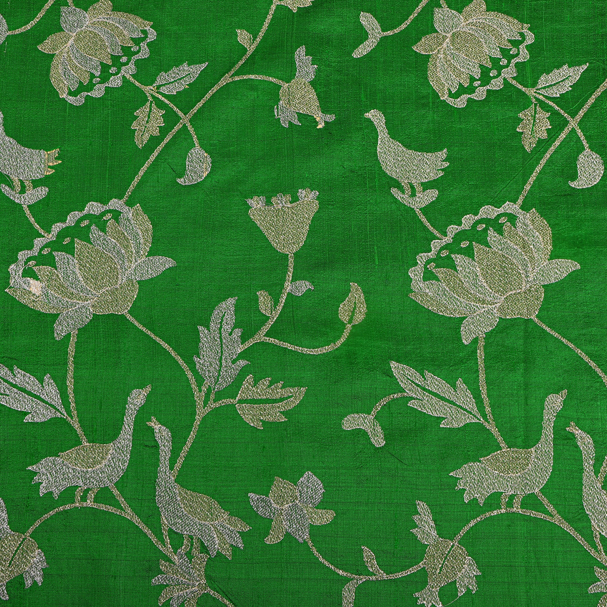 Bright Green Raw Silk With Dual-Tone Floral Jaal