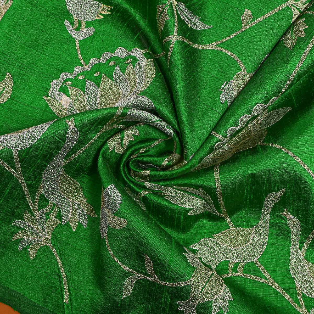 Bright Green Raw Silk With Dual-Tone Floral Jaal