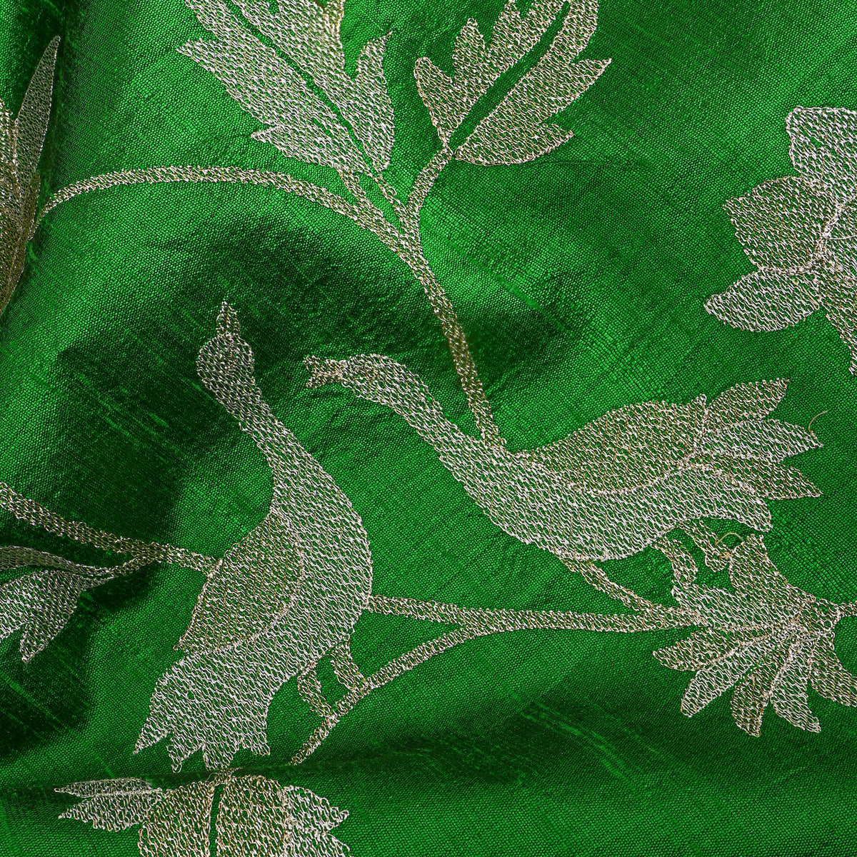 Bright Green Raw Silk With Dual-Tone Floral Jaal