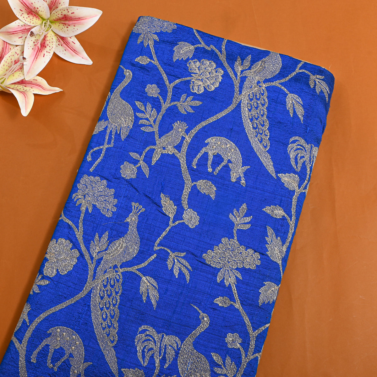 Bright Blue Raw Silk With Dual-Tone Shikargah Motif