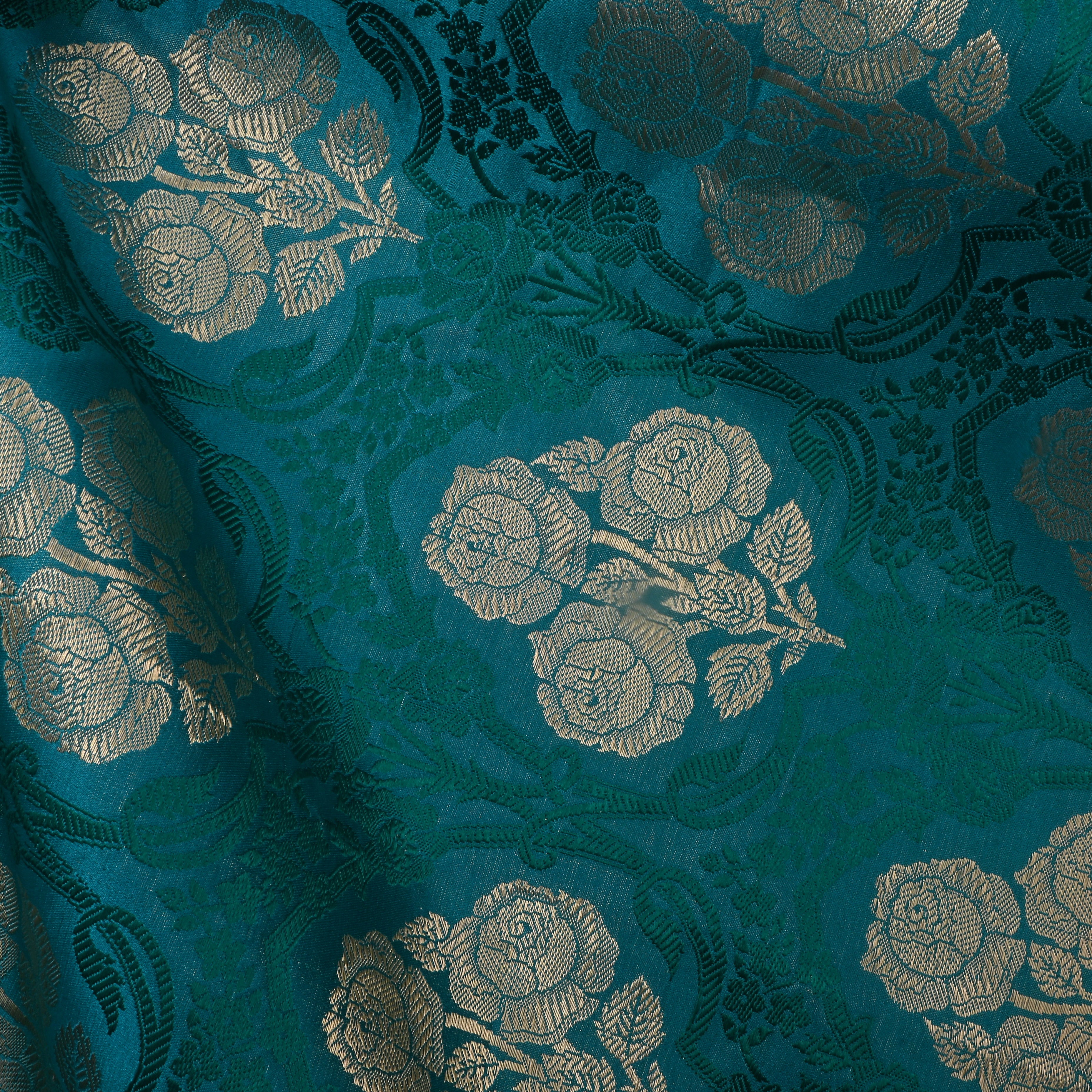 Teal Jamawar Satin Fabric With Floral Design