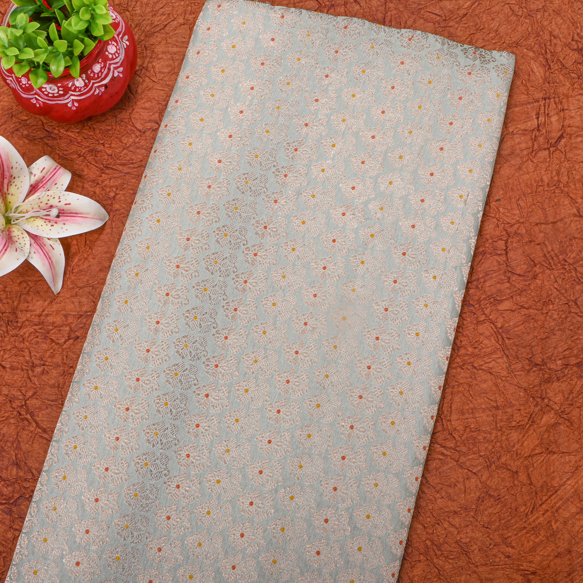 Soft Light Green Gold Zari Floral Butti Jamawar Silk Fabric