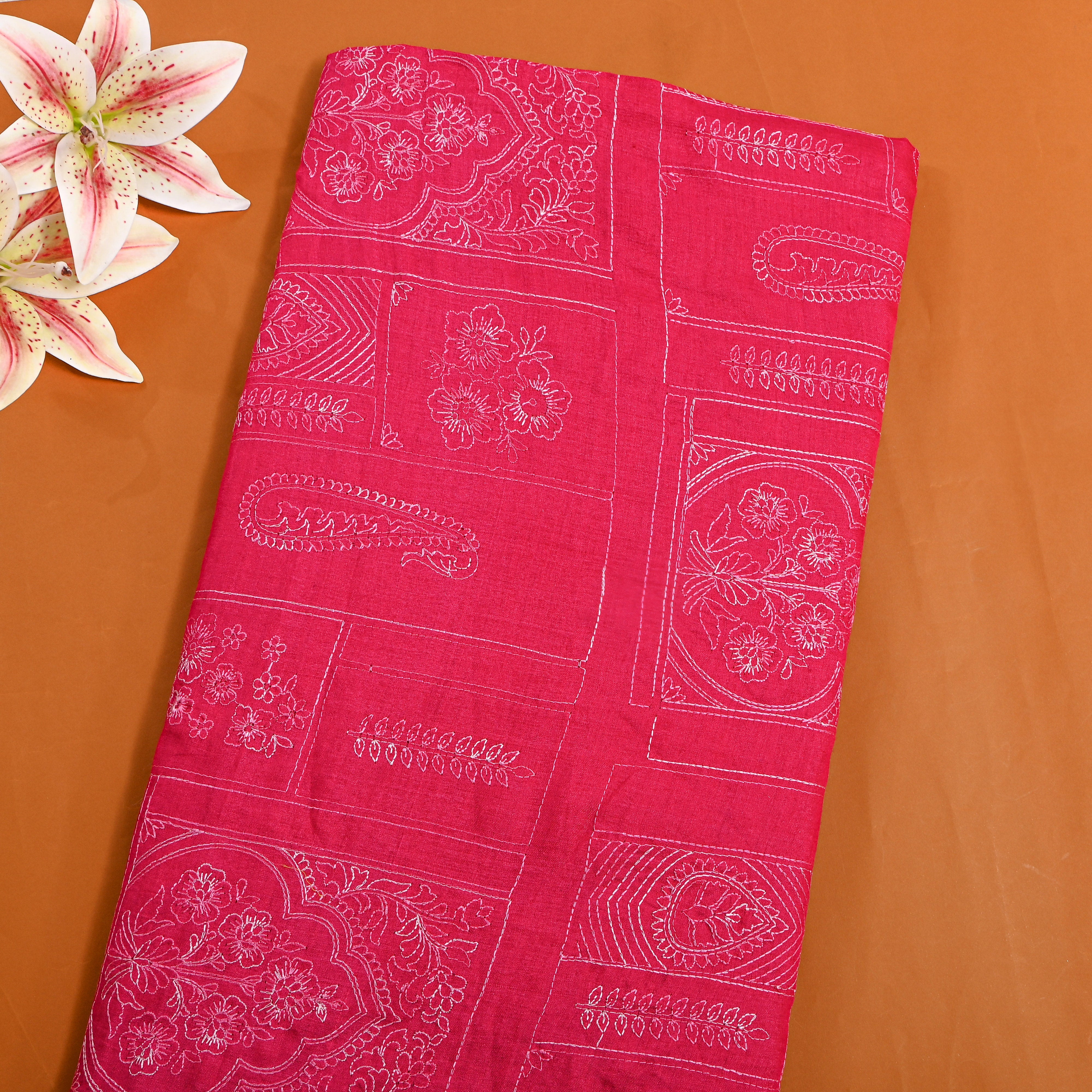 Bright Pink Geometric Embroidery Munga Tussar Fabric