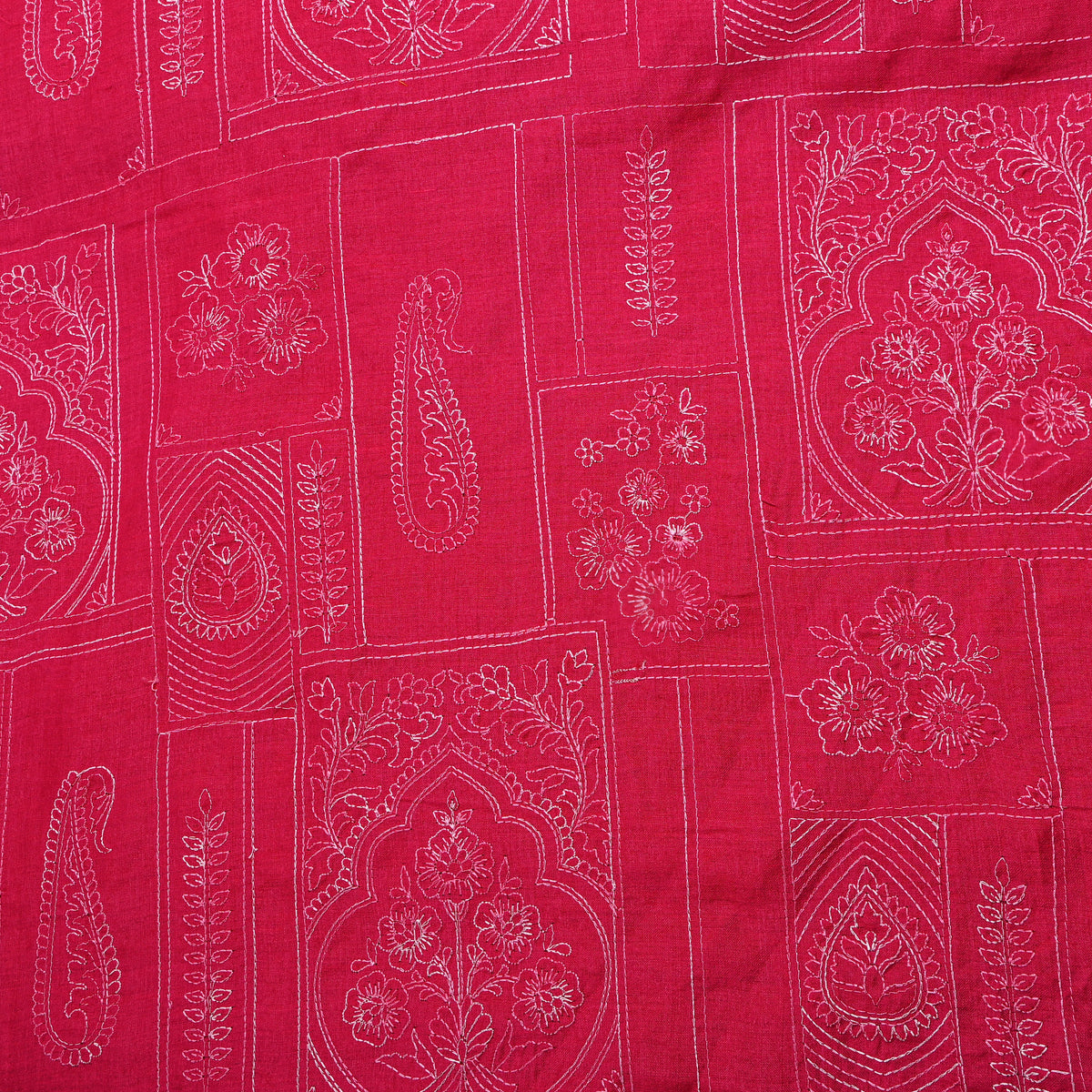 Bright Pink Geometric Embroidery Munga Tussar Fabric