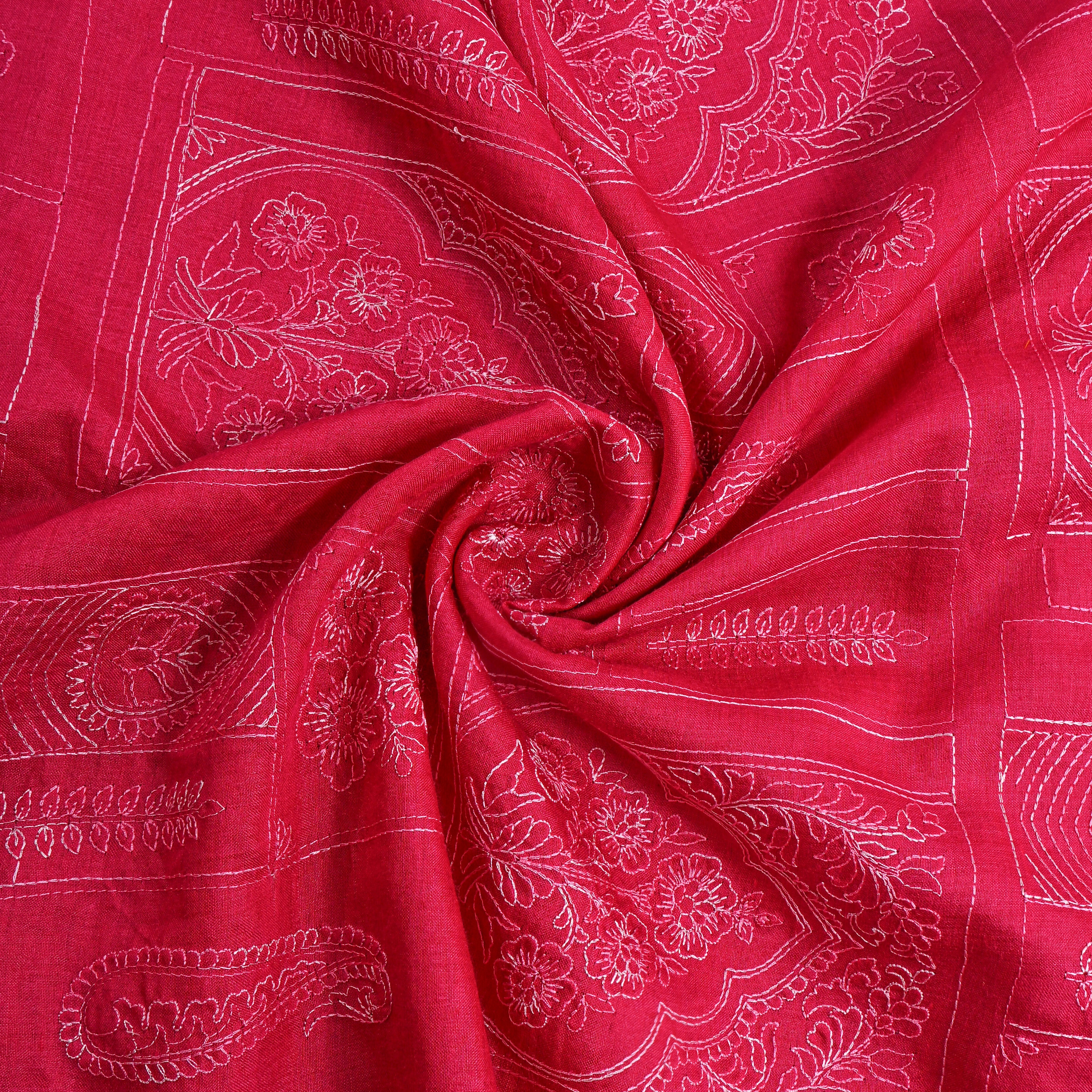 Bright Pink Geometric Embroidery Munga Tussar Fabric