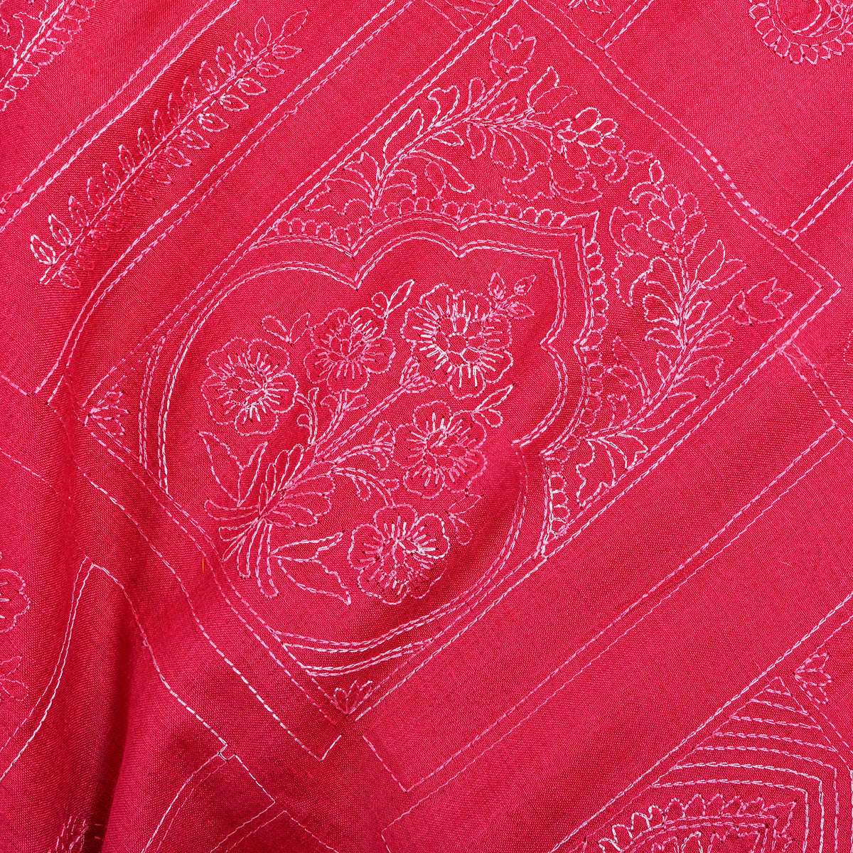 Bright Pink Geometric Embroidery Munga Tussar Fabric