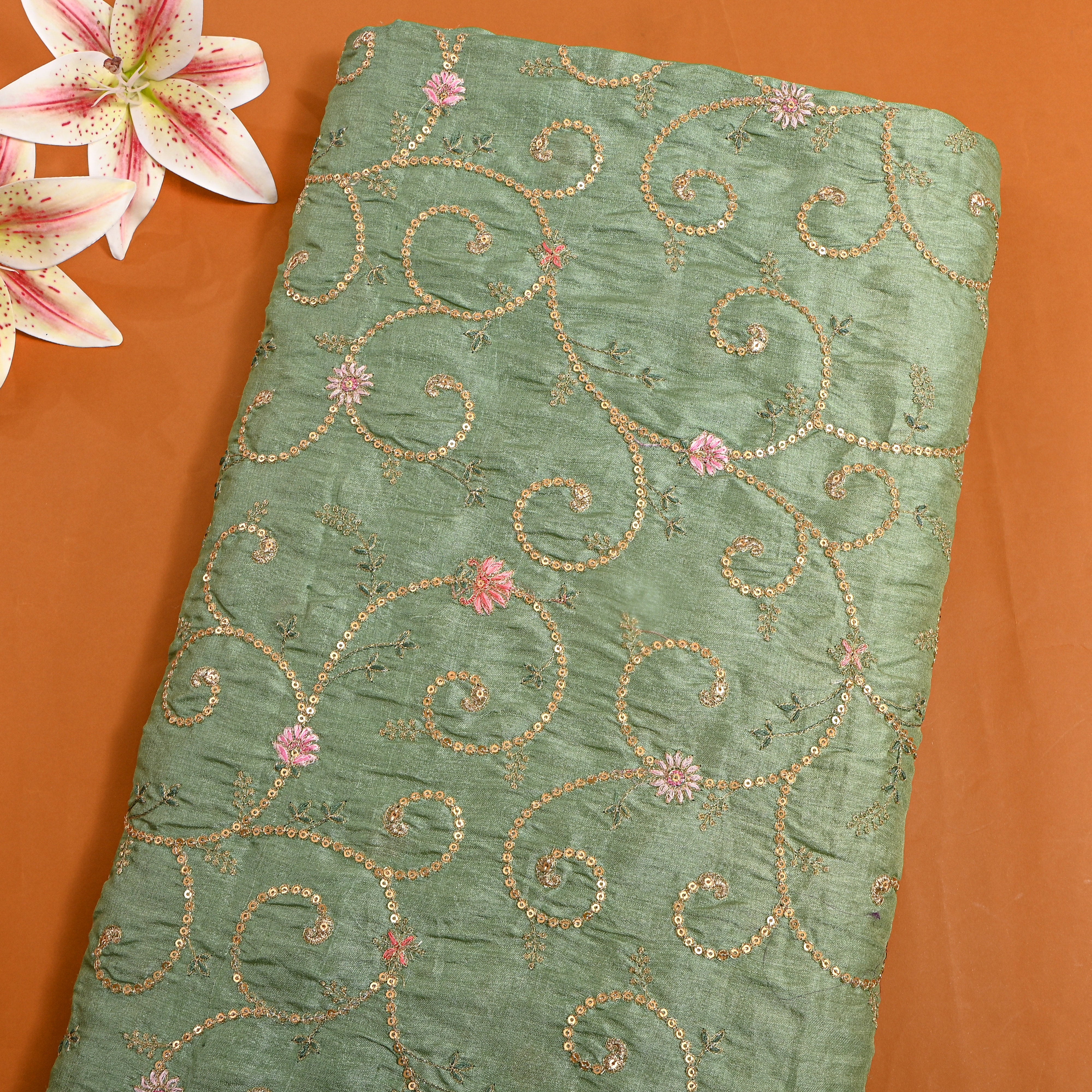 Green Zari Jaal Embroidered Tussar Silk