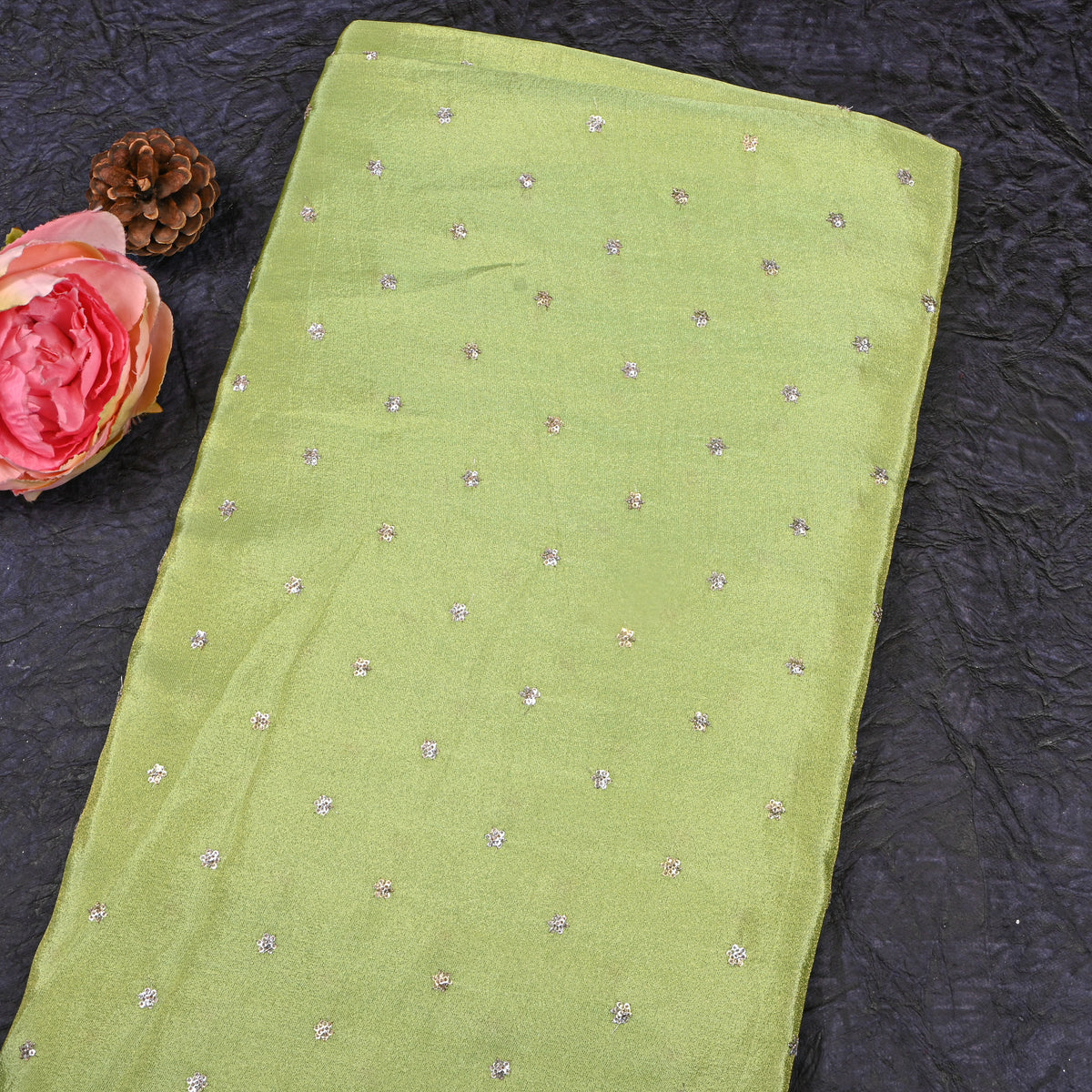 Pistachio Green Silver Sequin Floral Butti Tissue Fabric