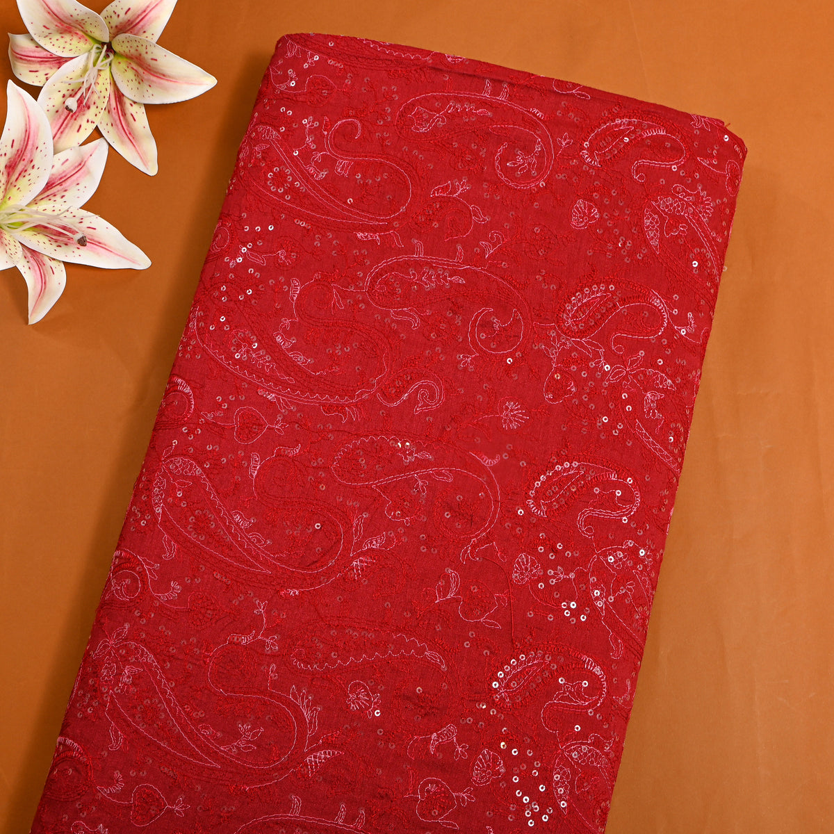 Red Tussar With Paisley Thread Work