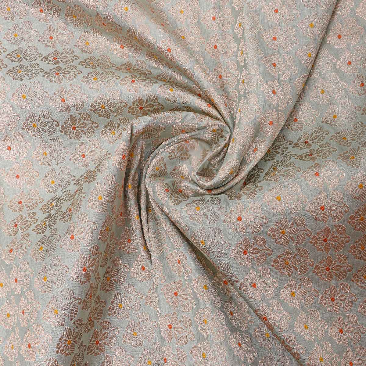 Soft Light Green Gold Zari Floral Butti Jamawar Silk Fabric