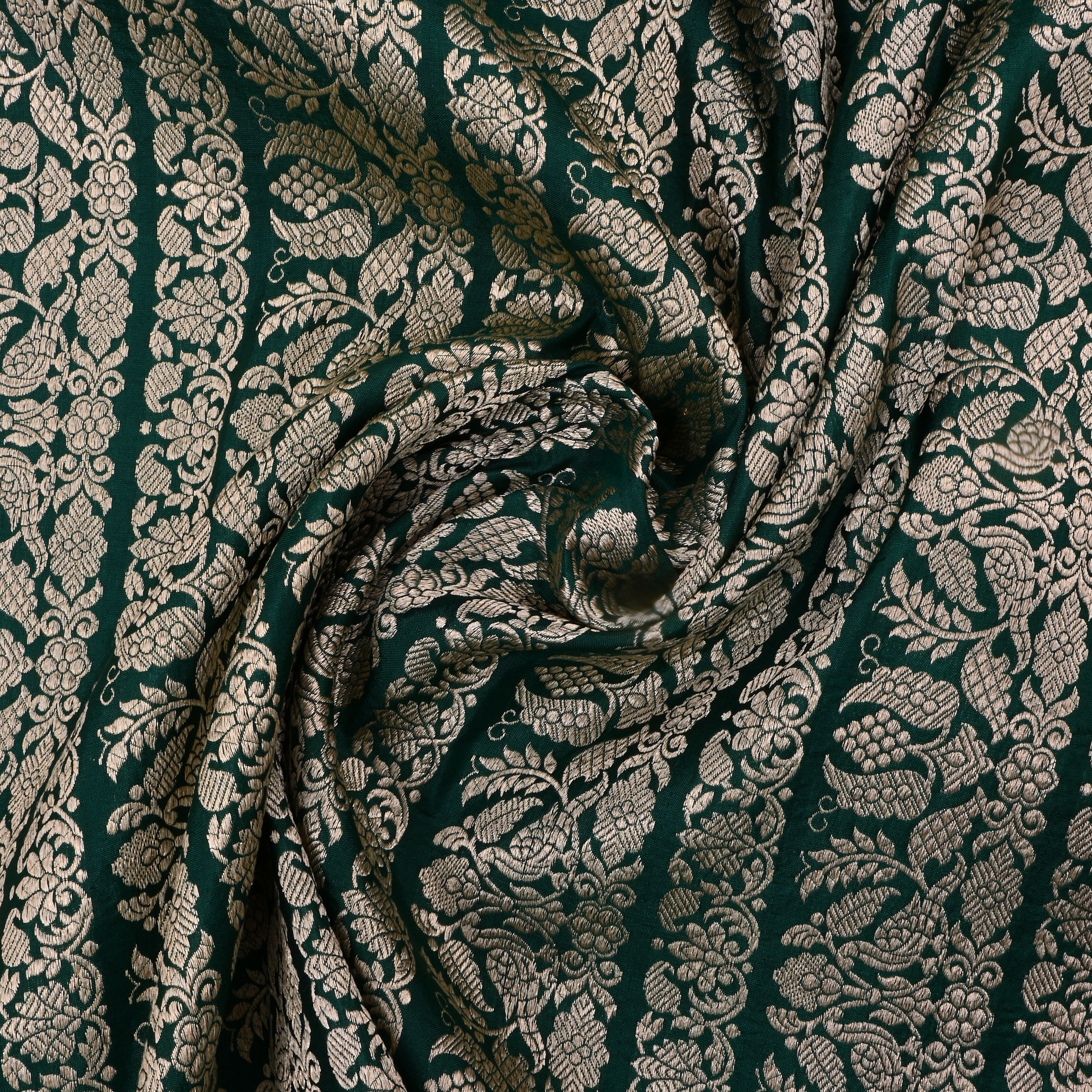 Bottle Green Jamawar Silk Fabric With Floral Woven Design