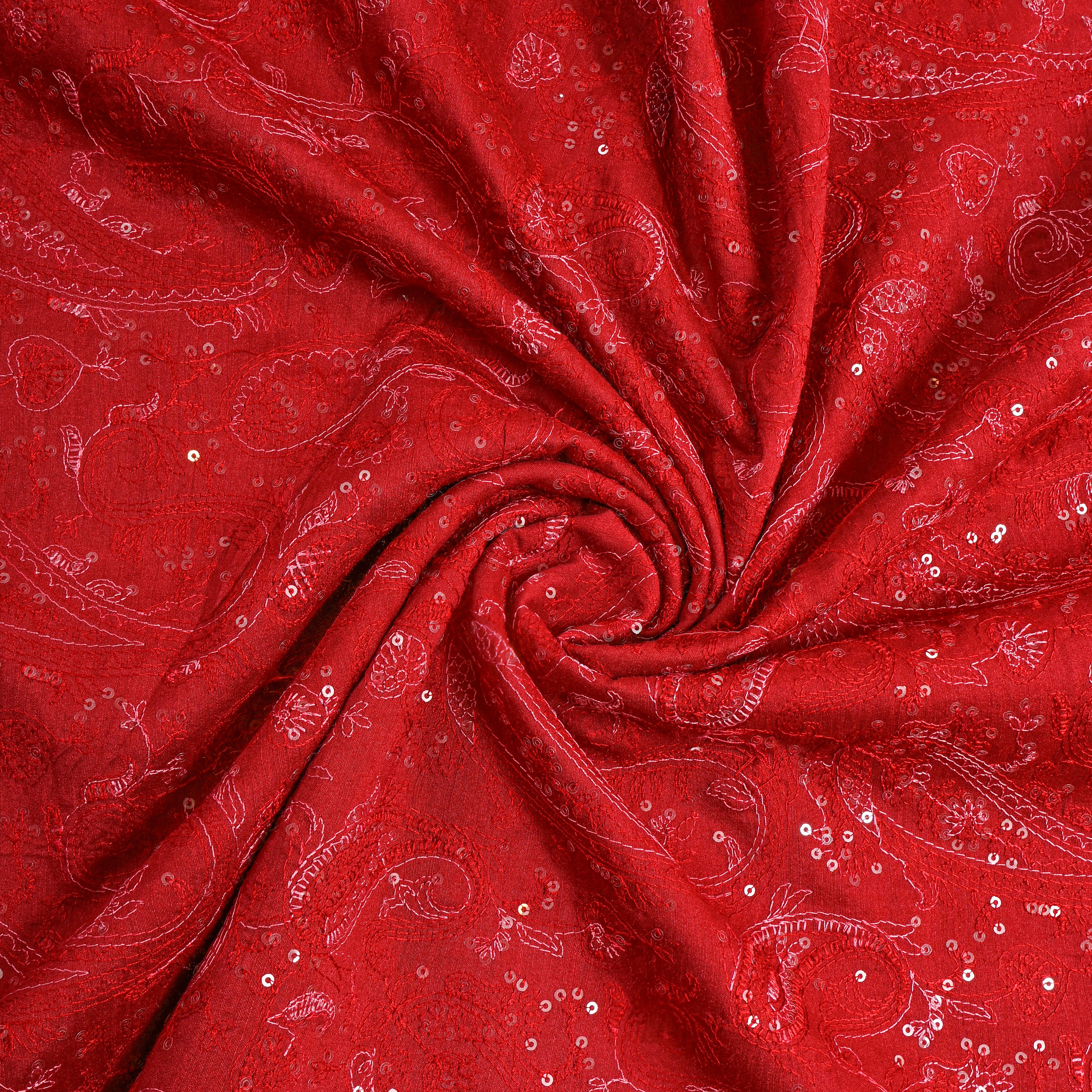 Red Tussar With Paisley Thread Work