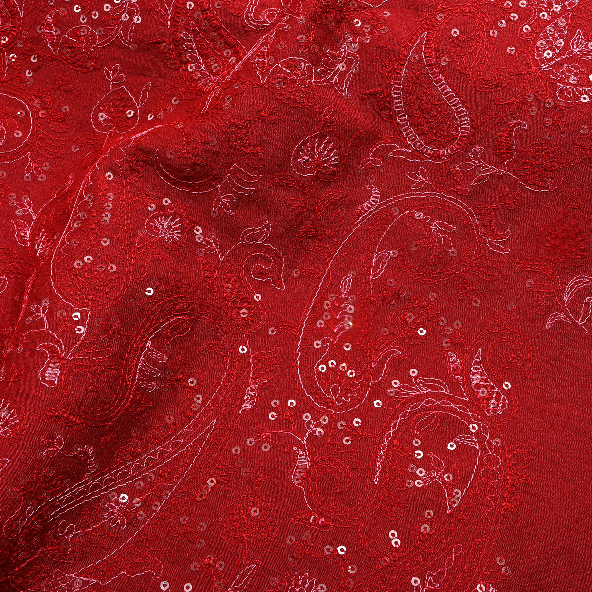 Red Tussar With Paisley Thread Work